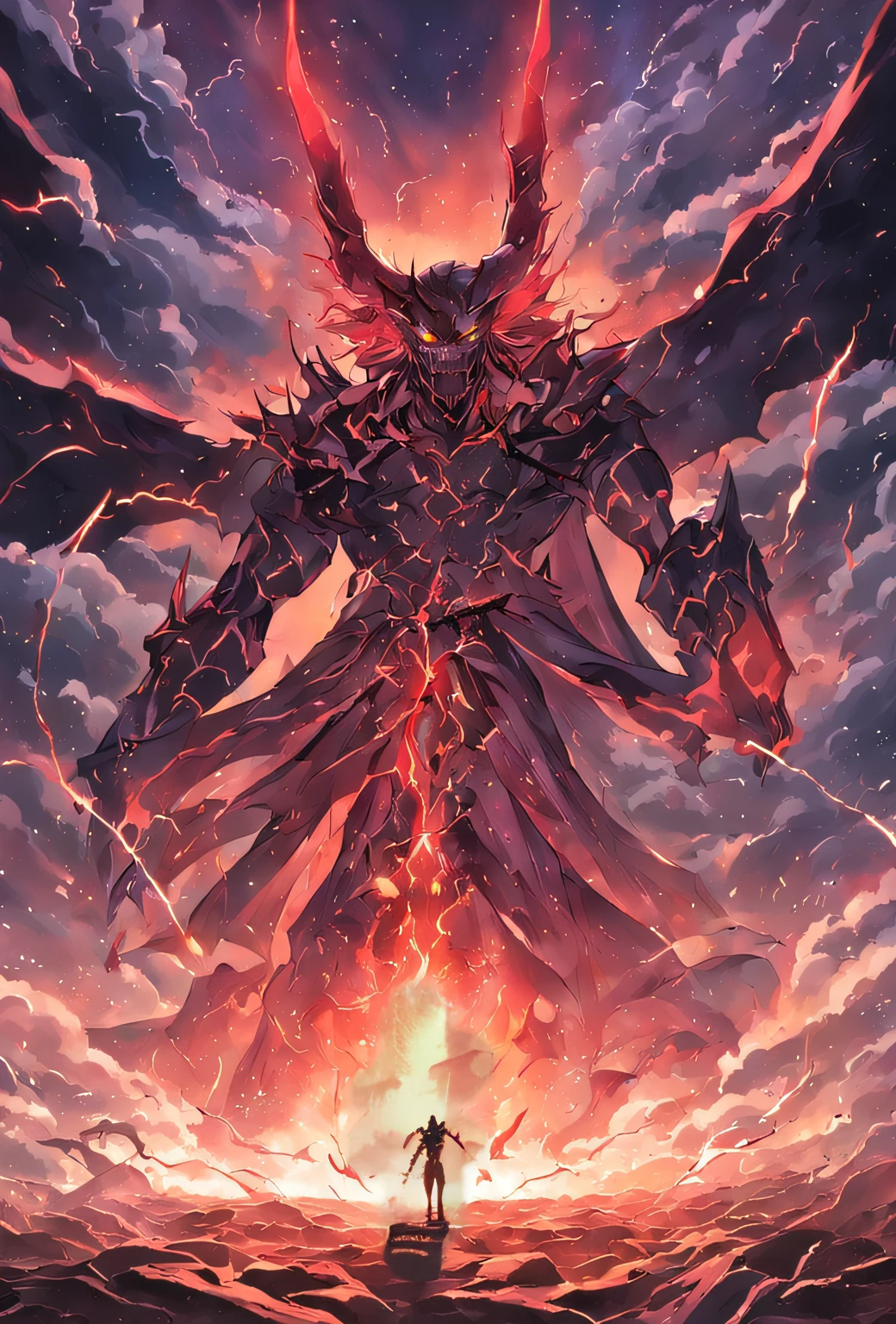 Heavy metal album cover,ablaze with intensity, Ruins and storms against a background of clouds