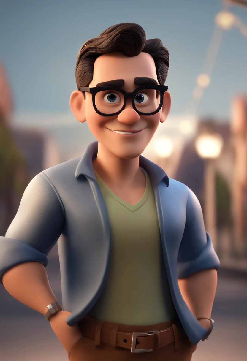 Cartoon character of a man with black glasses and a blue shirt, animation character, Caractere estilizado, animation style rendering, 3D estilizado, Arnold Maya render, 3 d render stylized, toon render keyshot, Personagem 3D, Personagem 3D, 3d rendering stylized, 3 d character render, personagem de desenho animado, Personagem de close up, Pose de personagem,  (Estilo Pixar) (master part:1.2) (Bokeh) (best quality) (pele detalhada) (textura detalhada) (8k) (argila) (Cinematic lighting) (foco nítido