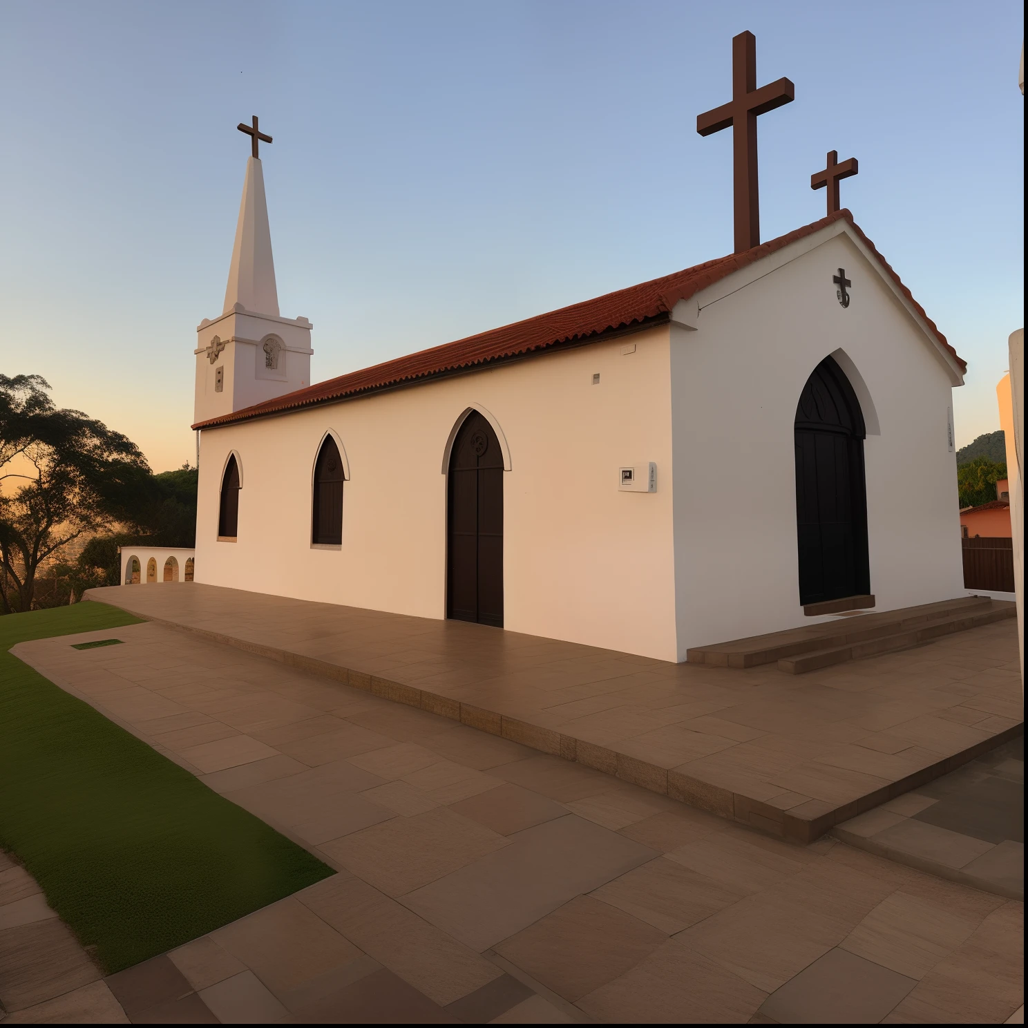There is a small church with a cross on the roof, visto de fora, Vista frontal, vista externa, vista exterior, vista frontal, vista de lado, Frente, Vista lateral de longe, um templo, igreja no fundo, templo, vista lateral, Front view, lado - vista, vista lateral frontal, bispo do rosario, de lado