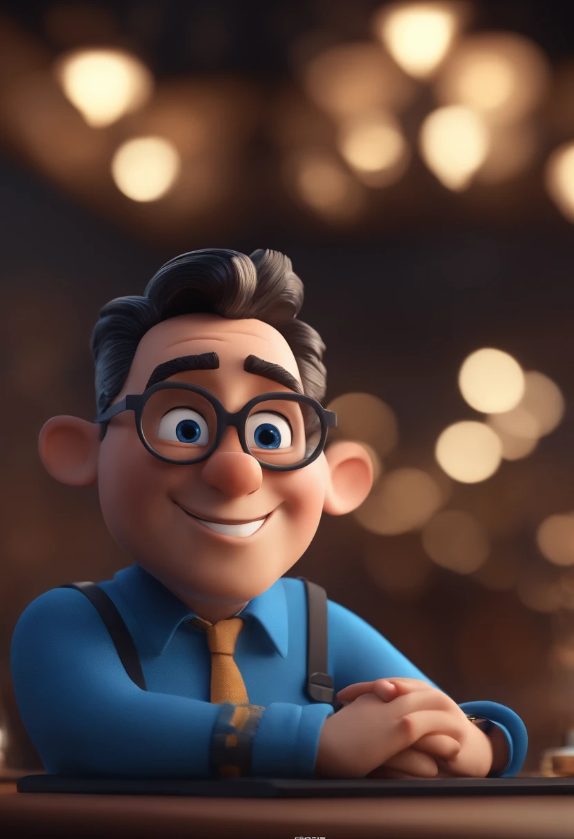 Cartoon character of a man with black glasses and a blue shirt, animation character, Caractere estilizado, animation style rendering, 3D estilizado, Arnold Maya render, 3 d render stylized, toon render keyshot, Personagem 3D, Personagem 3D, 3d rendering stylized, 3 d character render, personagem de desenho animado, Personagem de close up, Pose de personagem, (Estilo Pixar) (master part:1.2) (Bokeh) (best quality) (pele detalhada) (textura detalhada) (8k) (argila) (Cinematic lighting) (foco nítido