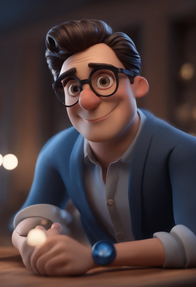 Cartoon character of a man with black glasses and a blue shirt, animation character, Caractere estilizado, animation style rendering, 3D estilizado, Arnold Maya render, 3 d render stylized, toon render keyshot, Personagem 3D, Personagem 3D, 3d rendering stylized, 3 d character render, personagem de desenho animado, Personagem de close up, Pose de personagem, (Estilo Pixar) (master part:1.2) (Bokeh) (best quality) (pele detalhada) (textura detalhada) (8k) (argila) (Cinematic lighting) (foco nítido