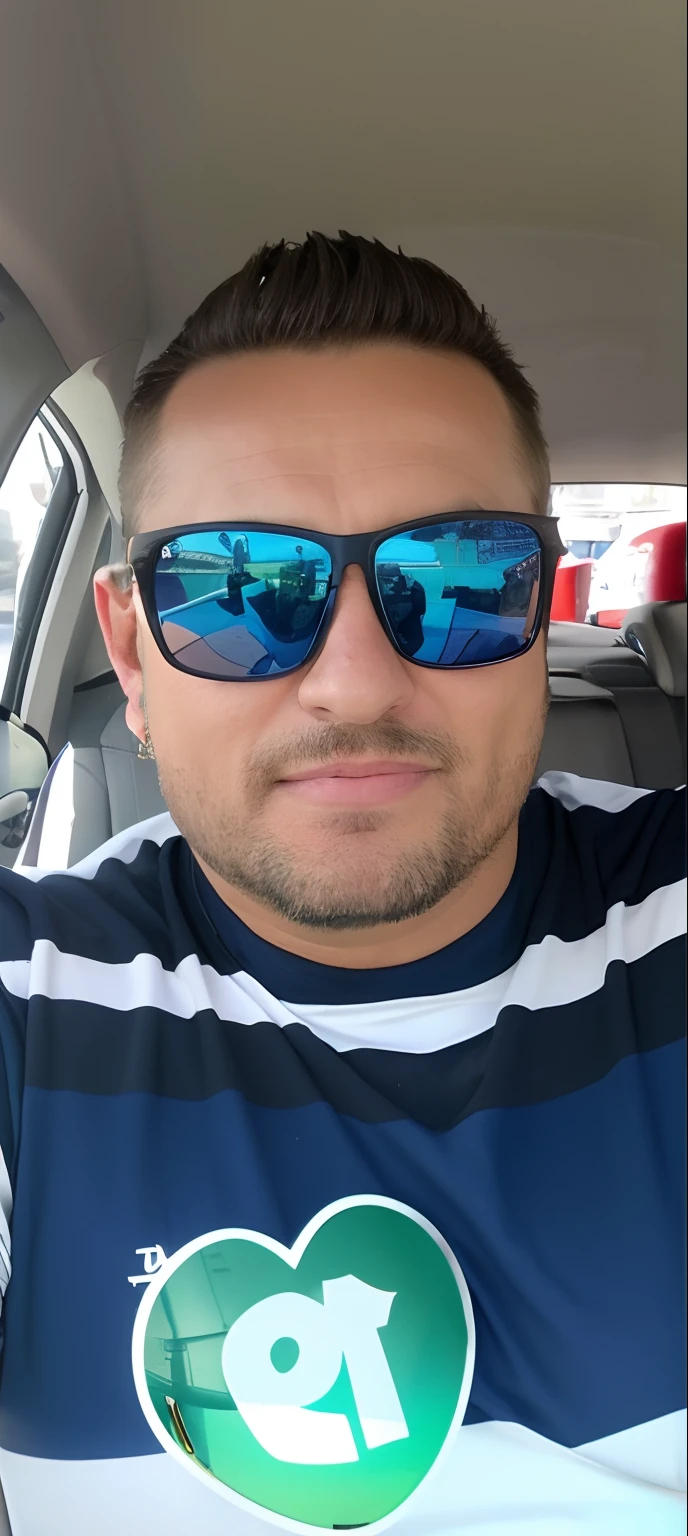 Man in a car wearing sunglasses and a blue and white shirt, imagem de qualidade muito baixa, wearing blue sunglasses, wearing oakley sunglasses, wearing mirrored sunglasses, wearing versace sunglasses, wearing shades, azul colorido, 2 8 anos, wearing cool sunglasses, 2 7 anos, 2 9 anos, with sun glasses, foto de baixa qualidade
