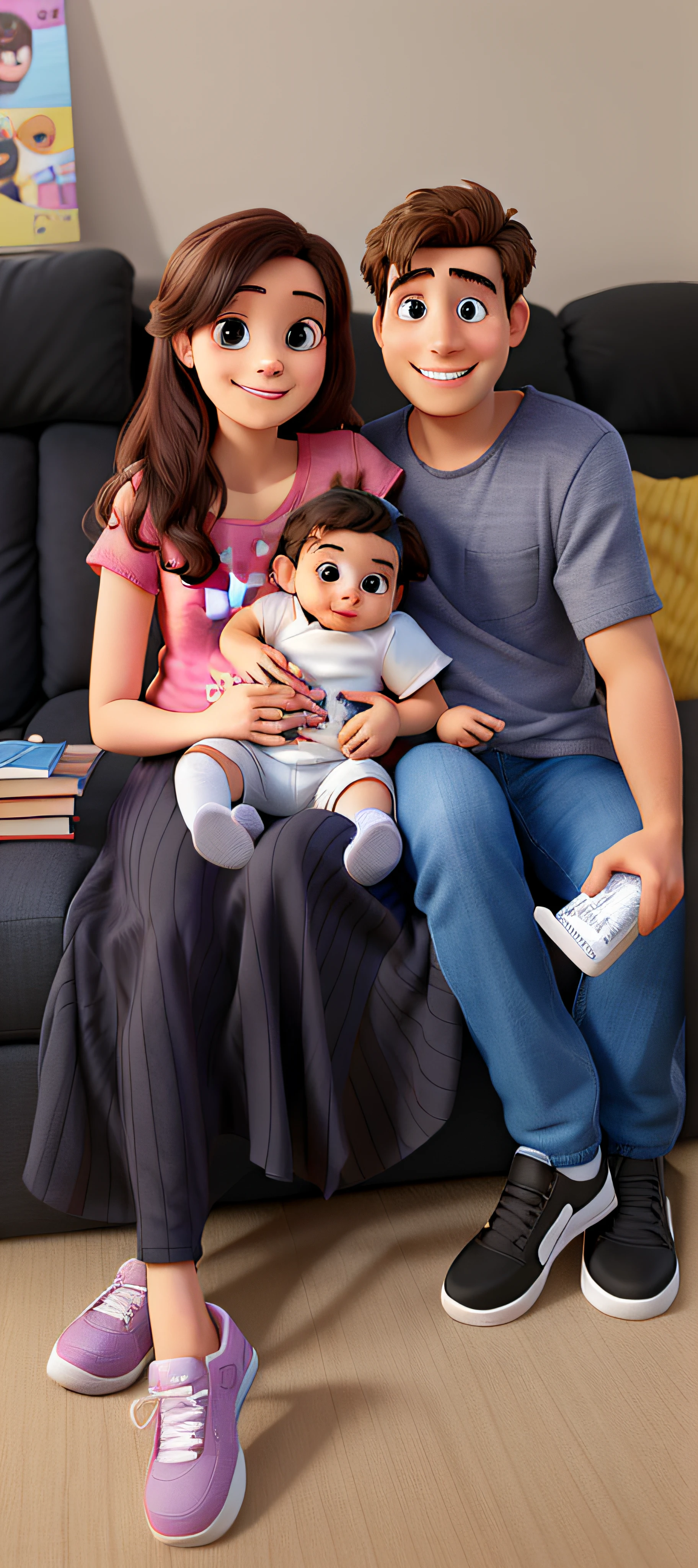 a happy couple sitting on a couch with a baby, babies in her lap, man has a black t-shirt, man has a diamond face shape, man isn't hold anything, disney pixar, high quality picture, best quality, family photo, not cropped, happy family