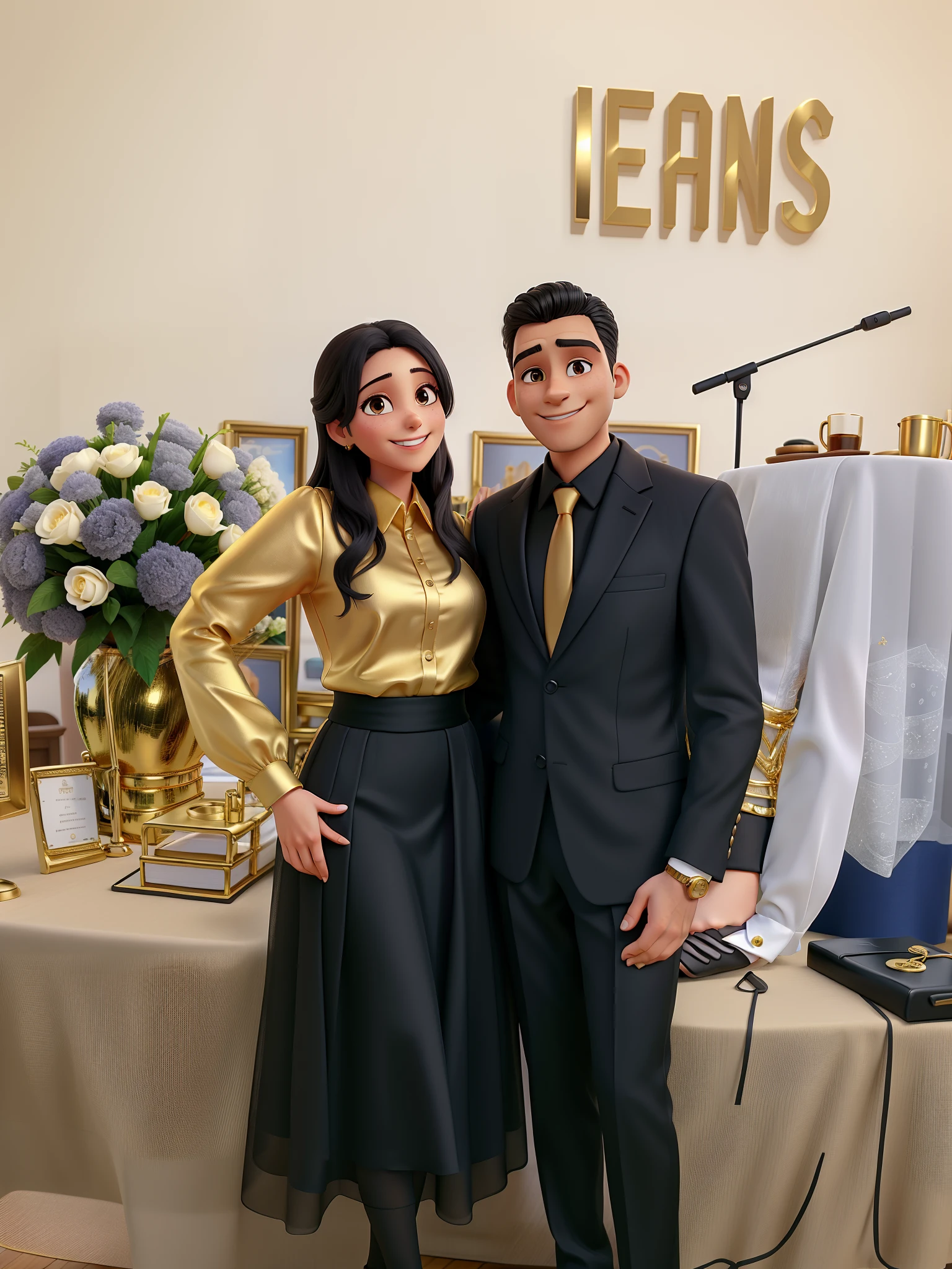Um casal feliz, Man is wearing a black suit complete with black dress shirt and gold tie, The woman is wearing a long black tulle skirt and a gold blouse with sleeves up to the lap, The man has a silver watch in his left hand and with his right hand he grabs the woman's waist, The woman is wearing a dating ring on her right hand and they are both smiling.