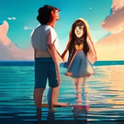 There's a man and a girl standing in the water, Disney fotorrealista, Disney foto realista, with a , in style of disney animation, pixar retrato 8 k foto, aventura render hiper realista, Disney Pixar Estilo 3D, Vale estranho assustador, Personagem pequeno. Motor Unreal 5, No estilo de filme Croods, desenhos animados realistas, pai com filho