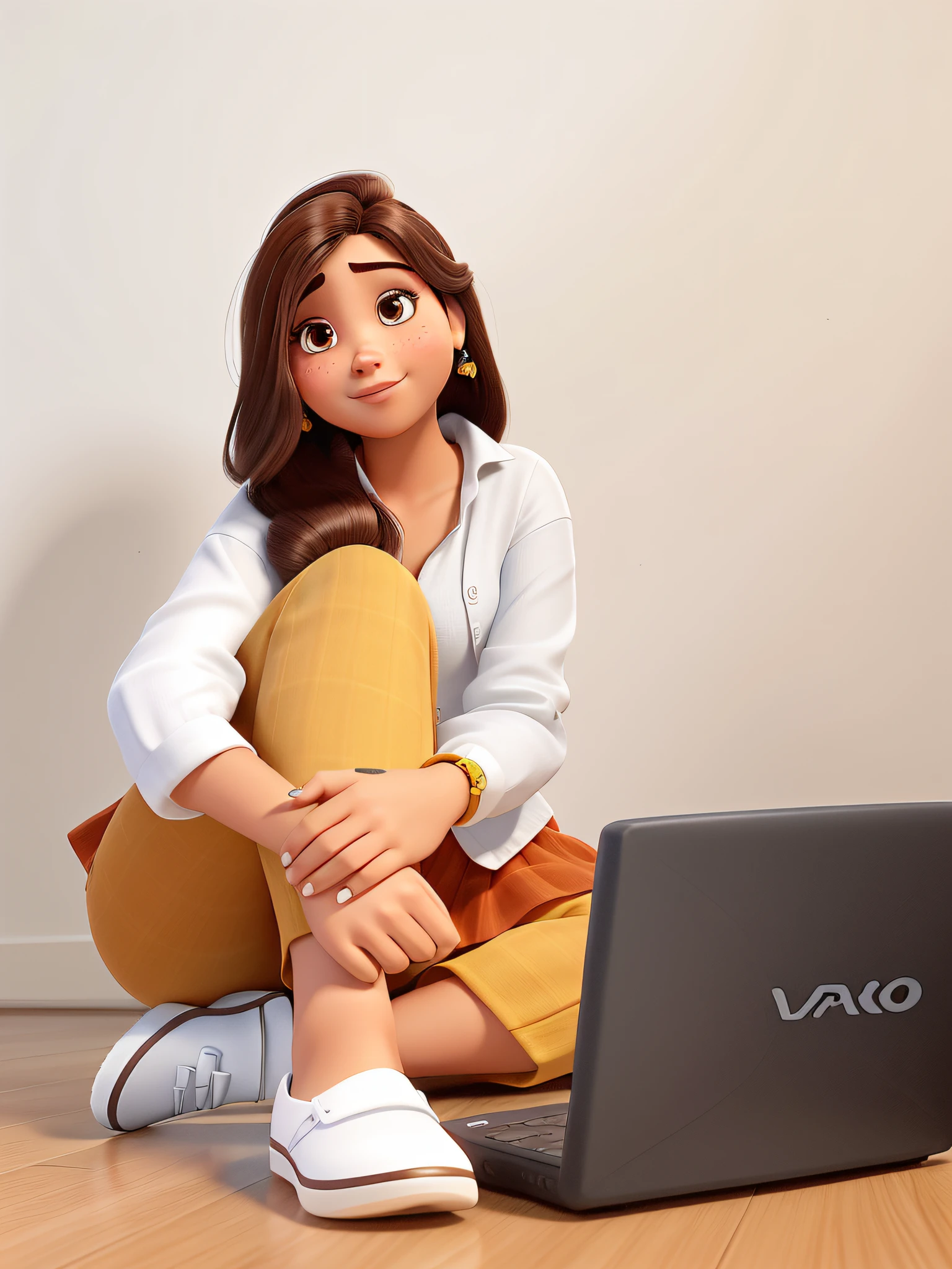 uma mulher morena, cabelo castanho, olhos castanhos, sitting on the floor, na frente tem um computador, estilo disney pixar, alta qualidade, melhor qualidade
