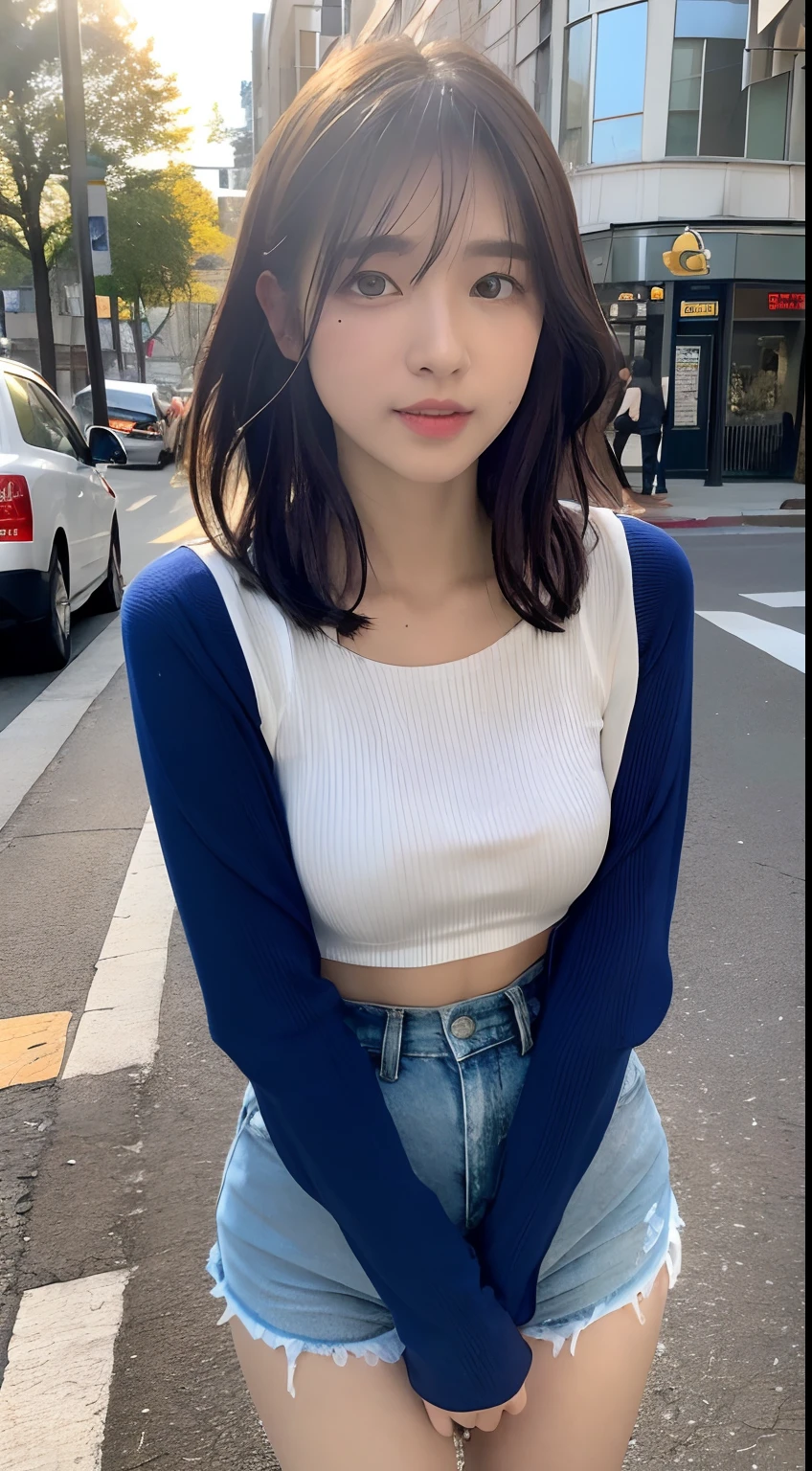 A cute 20-year-old female college student wearing a super miniskirt