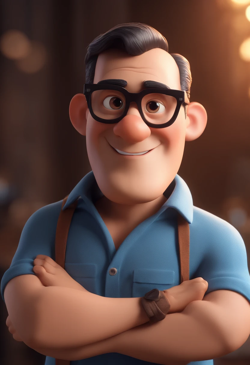 Cartoon character of a man wearing black glasses and a blue shirt, um personagem animado, Caractere estilizado, animation style rendering, 3D estilizado, Arnold Maya render, 3 d render stylized, toon render keyshot, Personagem 3D, Personagem 3D, 3d rendering stylized, 3 d character render, personagem de desenho animado, Personagem de close up, Pose de personagem, (Estilo Pixar) (master part:1.2) (Bokeh) (best quality) (pele detalhada) (textura detalhada) (8k) (argila) (Cinematic lighting) (foco nítido,Senta e vaza a parte superior do corpo