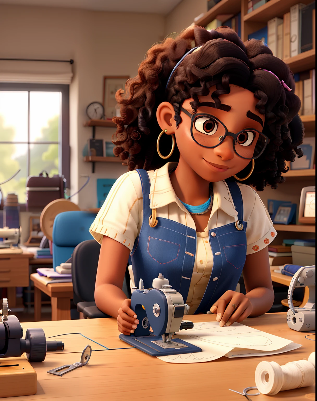 A young black woman with curly hair glasses nose piercing with a sewing machine, measuring tape around her neck in a sewing workshop with fabrics and scissors and tape measure