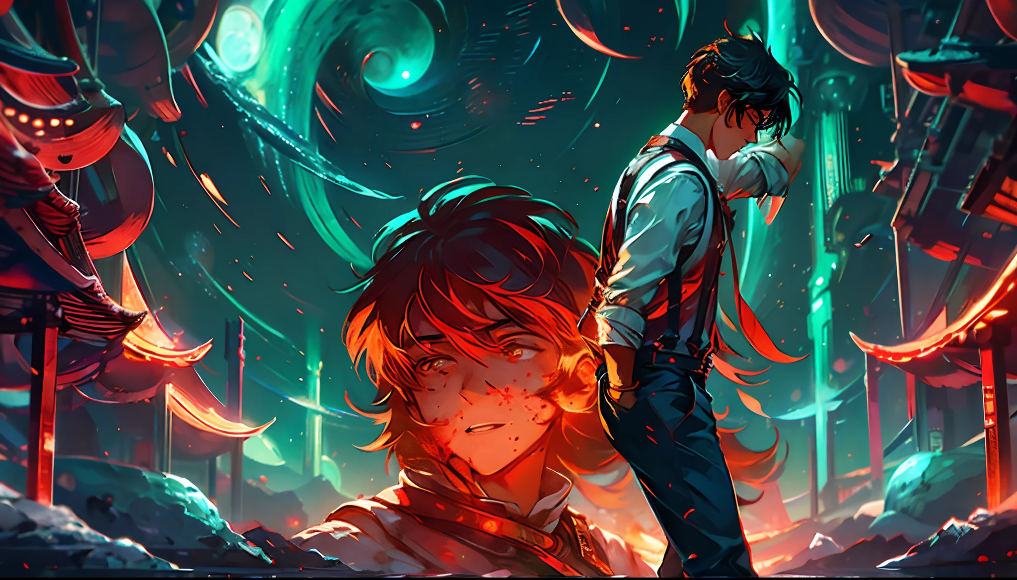 Starry sky giant whales,Huge Blood Moon,Red meteor,Green Northern Lights,middle parted hairstyle,Suspenders,Boy student