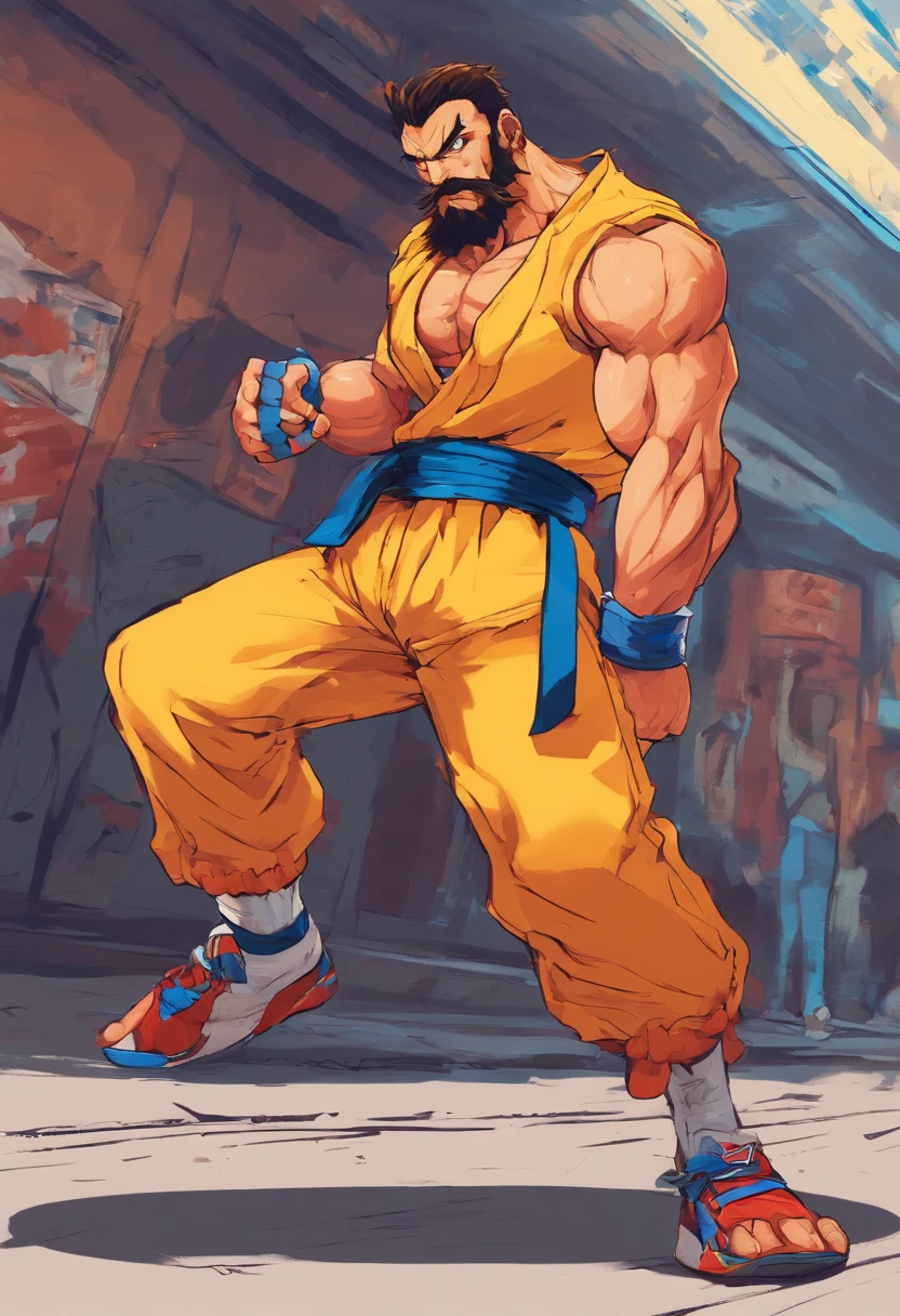 Um homem meia idade, alto, with medium beard, cabelos ondulados e castanhos claros, olhos esverdeados, Rounded face running on the street with yellow shirt and sneakers Blue Fila.