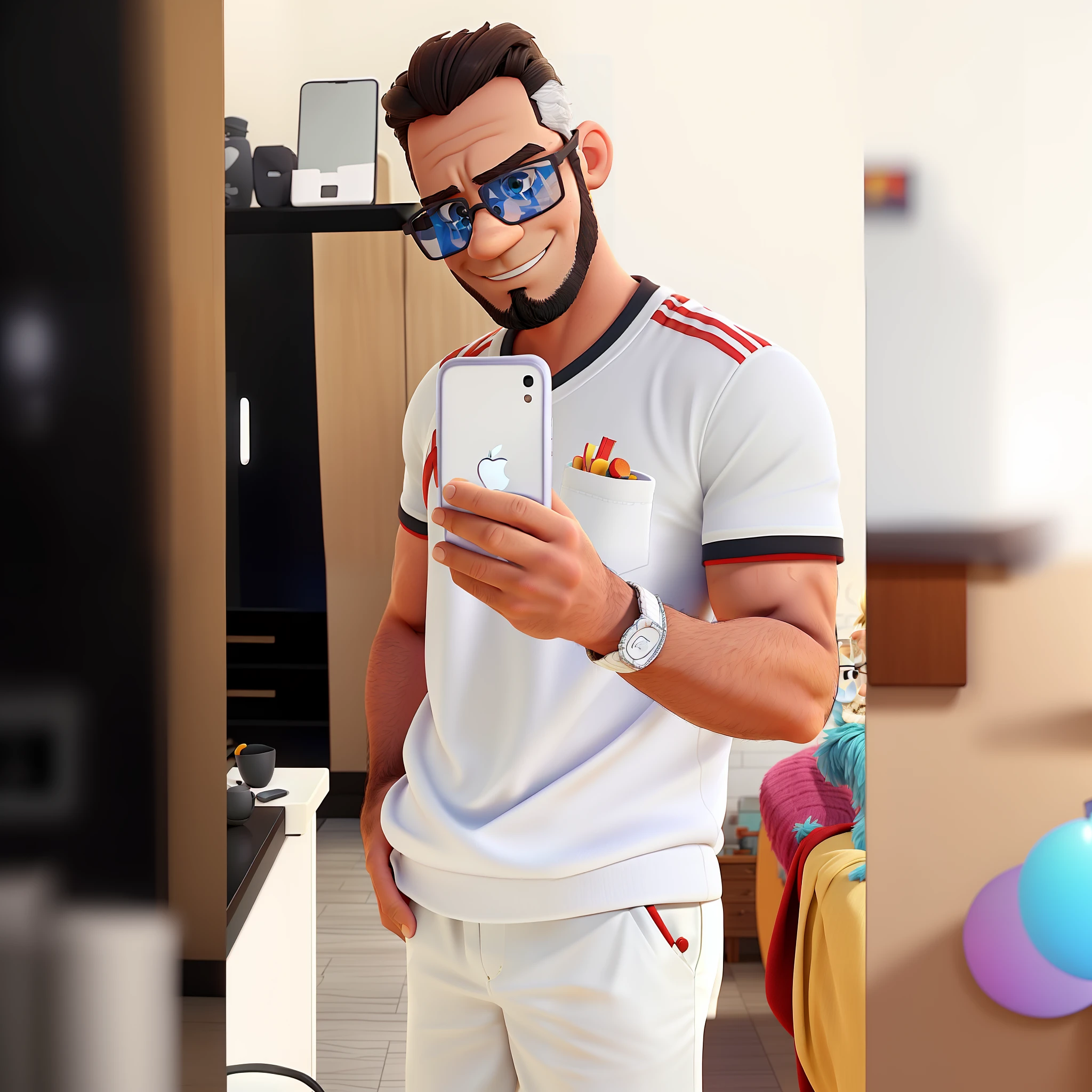 Man with a white Flamengo shirt taking a selfie with the iPhone 11 in the mirror with mirrored glasses, little beard and with his hand in the pocket of his white shorts with the background of the Disney Pixar photo with the title Gab