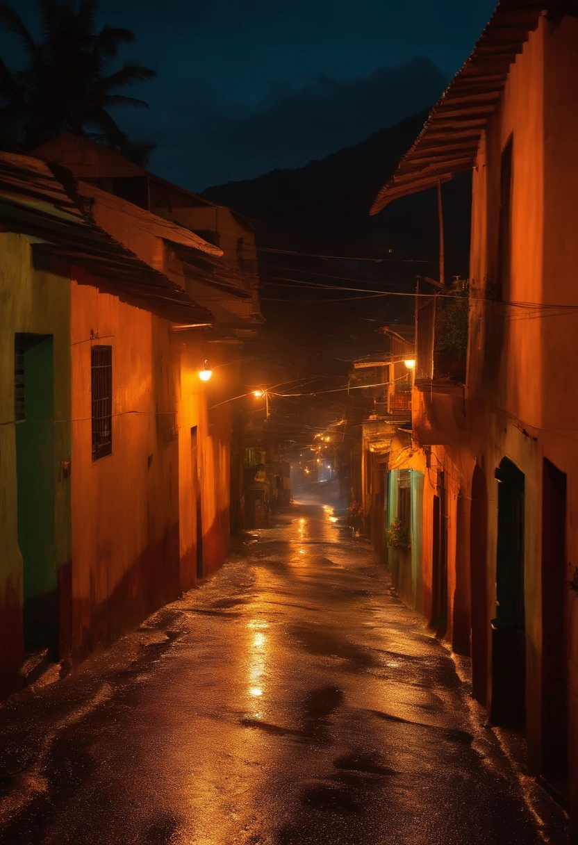 favela Dirt street with unplastered houses, tonight and the street is lit by the orange light of the streetlights, it is raining (reflections, shadows and vibrant colors)