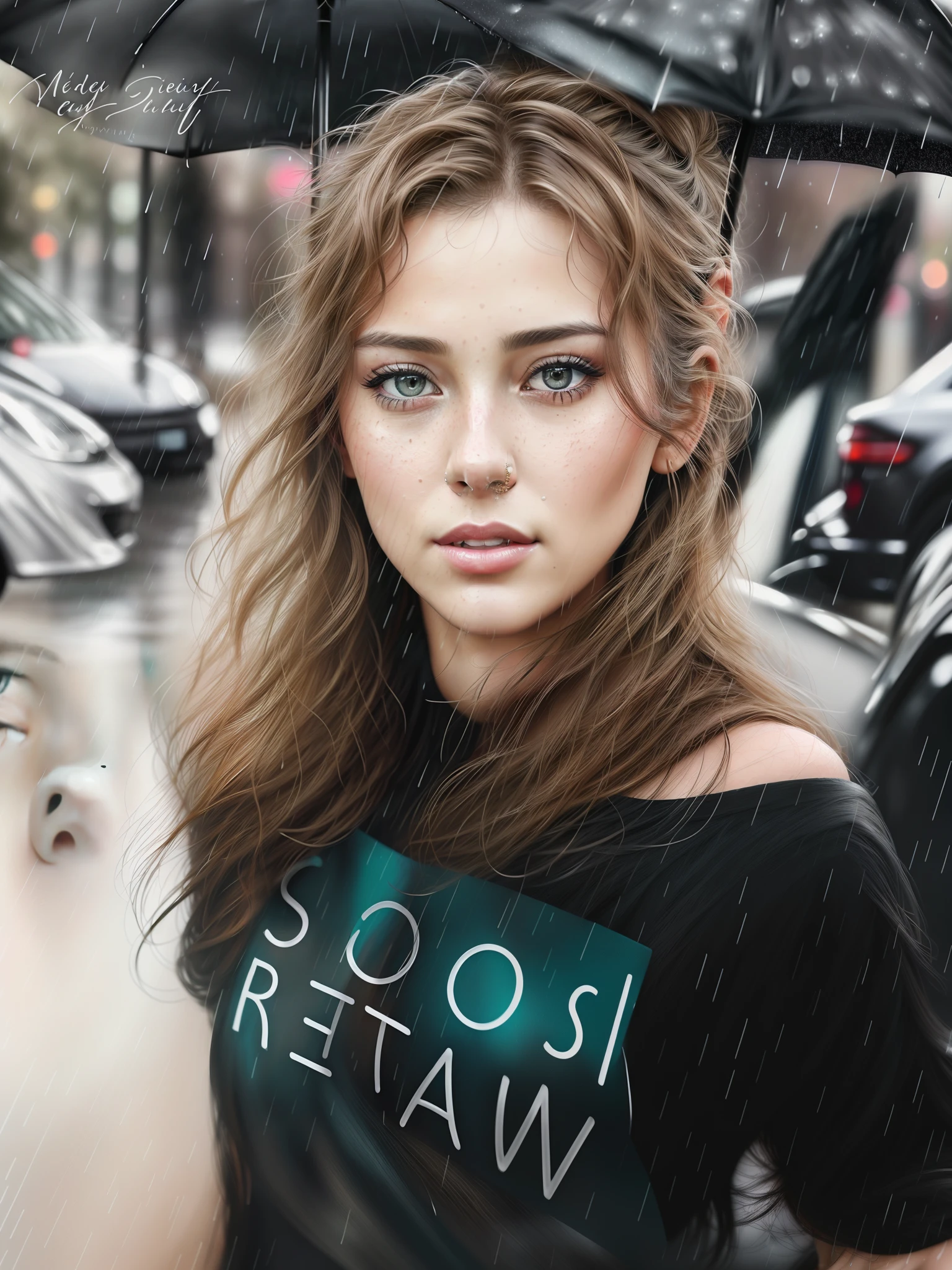there is a woman with a messy bun in the rain, highly realistic digital art, very realistic digital art, beautiful digital artwork, cinematic realistic portrait, ultra realistic digital painting, gorgeous face portrait, beautiful portrait photo, detailed beauty portrait, beautiful realistic face, ultra realistic digital art, ultra-realistic digital art, detailed beautiful portrait, realistic digital painting, beautiful face portrait