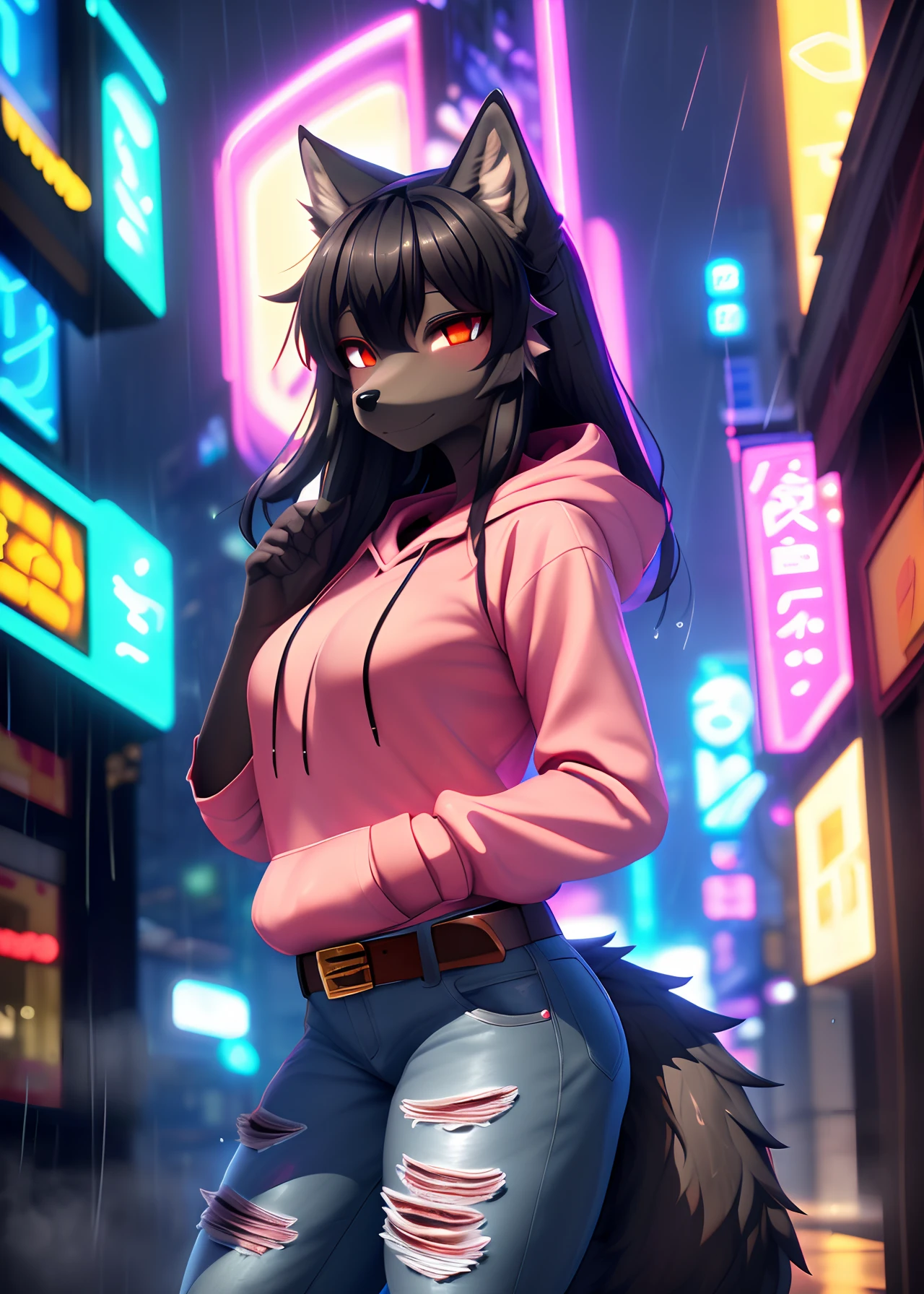 Black body fur, undersized hoodie, no underwear, , undersized outfit, getting dressed, no bra, synthwave area, dark aura, night, red glowing eyes, blushing, smiling, dark katana, synthwave katana, 1 girl, pure black fur, female furred dragon, lifting hoodie, massive breasts, Synthwave eyes, sci-fi billboards, correct human anatomy, other furries in background