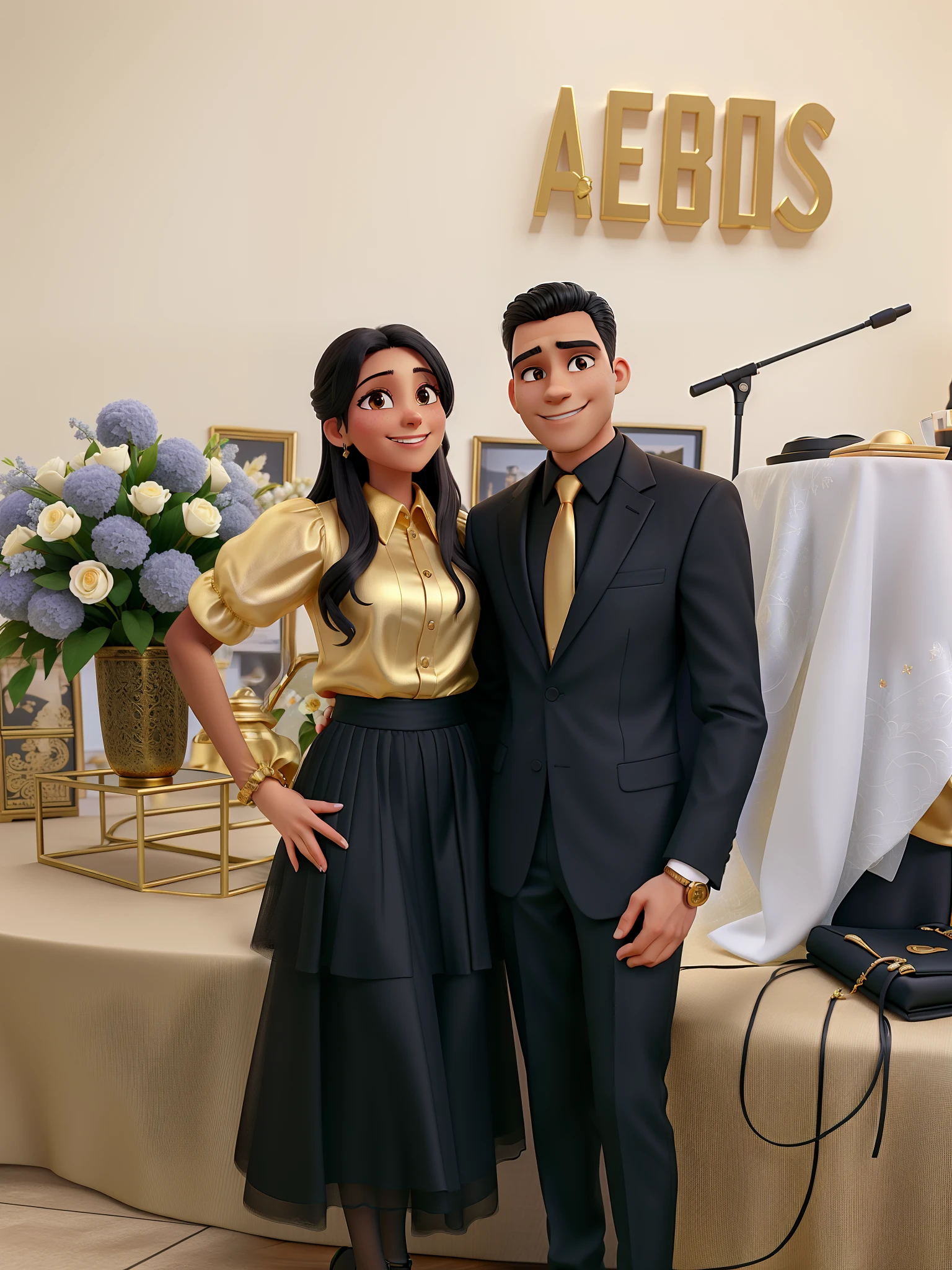 Um casal feliz, Man is wearing a black suit complete with black dress shirt and gold tie, The woman is wearing a long black tulle skirt and a gold blouse with sleeves up to the lap, The man has a silver watch in his left hand and with his right hand he grabs the woman's waist, The woman is wearing a dating ring on her right hand and they are both smiling.