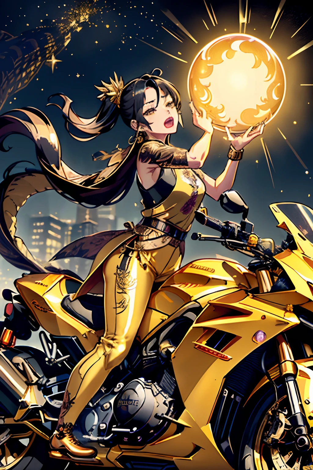 (master piece:1.4),ultra-quality, Hyper Detailed,Perfect drawing,3D Photography,16K illustrations、(((clearface)))、((Hi-Res))、1 persons、femele、(((Golden kimono)))、(((Ride a golden motorcycle)))、(((Wheelie)))、(A dark-haired)、(poneyTail),The tattoo、((Violet lipstick))、(Raised corners of the eyes)、((Outrage:1.1))、((chin raised))、(((opens his eyes wide)))、((despise:1.2)),((glares:1.2))、((Big open mouth:1.2))、(((Shout loud:1.3)))、((Wrinkles between the eyebrows))、(numerous piercings in the ears), BREAK (Gold Theme:1.5), ((Golden Outerwear, Oversized Golden Pants, Golden baggy pants): 1.4), (She wears a long golden coat with dragon embroidery over a black tank top:1.5), (Pump 1.2), (earrings:1.2), (Chinese charactersa, Chinese charactersa:1.2),((Old Style Motorcycle:1.3)),((Cruiser Bike:1.2)),((high speed))、(((nocturnal)))、(Night)、(Shining in Gold)、(((Giant Golden Sphere)))、(metalic)、((Feeling of sprinting))、(((Dynamic Actions)))、Detailed drawing、((Sense of speed))、Glitter、shiny and、Glossy、Reflectors、glint、Dazzling、Glitter、
