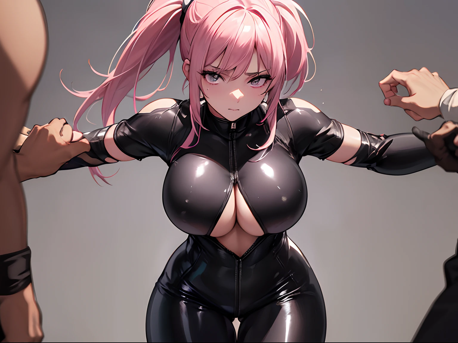 (Best quality,4K,8K,A high resolution,Masterpiece:1.2),Ultra-detailed,(Realistic,Photorealistic,photo-realistic:1.37),hdr,hyper HD,Studio lighting,Ultra-fine painting,Sharp focus,Physically-based rendering,Extreme detail description,professional,Horror,anime big breast,Sci-fi,Photography,Concept artist,Five fingers,huge tit,Buttock augmentation,Bursting chest,A 20-year-old woman faces a large group of men, Pink ponytail,The whites of the eyes and pupils are clearly colored,Height 175cm,Fair skin,Nervous and shy facial expressions,Black latex jumpsuit,In a dimly lit alley, full bodyesbian,Cowboy shot,Look down from above, ((The men looked at her intently:1.5)),((Two men grabbed her from behind:1.5)), ((These people all put on a fighting posture:1.5)),((The men gathered around her in a circle:1.5)), Standing in Cospali Promotions,All roles,Shot with Canon 5D MK4,Cospali photo.