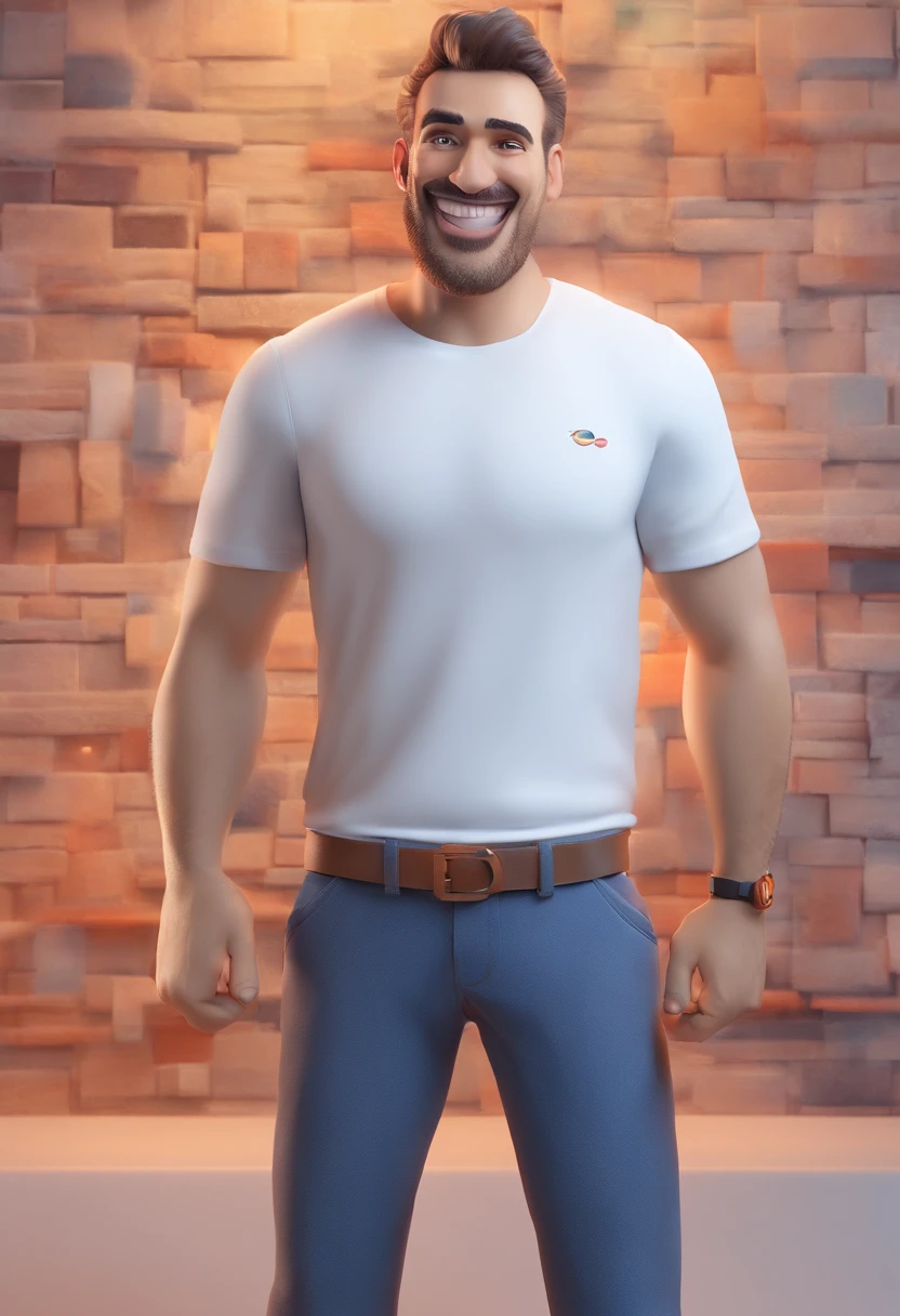 Smiling Man Illustration, sorriso insano, Homem de pele marrom com um sorriso gigante, happily smiling at the camera, sorriso atrevido, he's smiling, sorriso muito grande, Macho sorridente, foto de perfil headshot, rindo sorriso enorme, desenhando no estilo de Arte 3D, c4d, fundo de cor branco puro, estilo disney, estilo pixar render ilustracao Super Detalhe, 8k