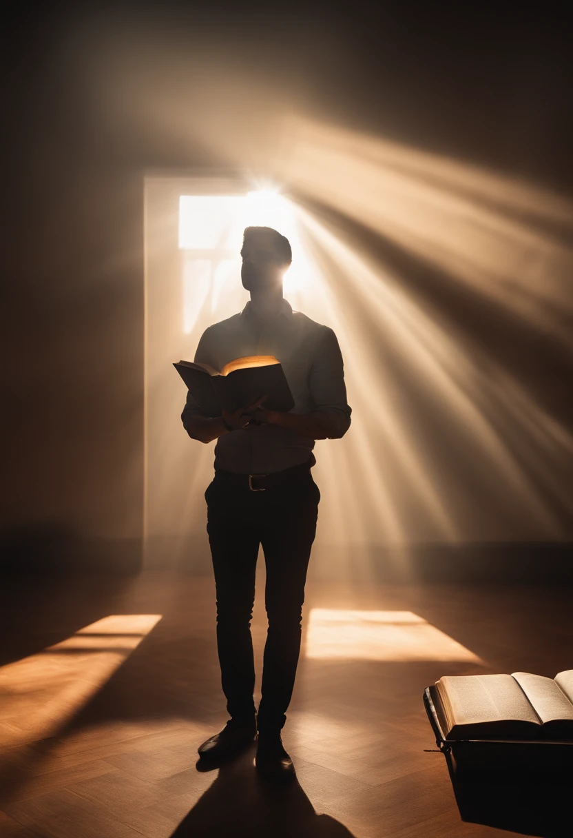 A person standing, holding an open Bible with a bright light coming out of it,pessoas em volta com olhaares invejosos. Environment in a work office