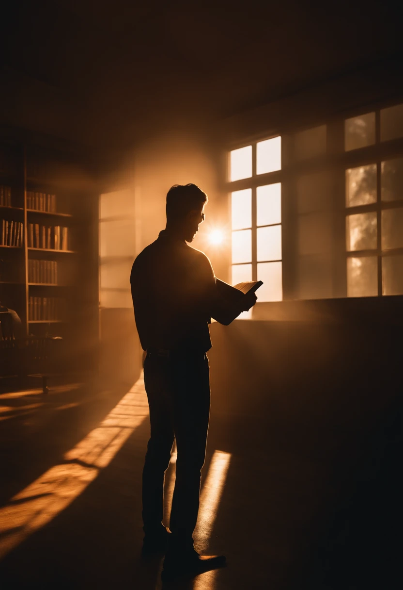 A person standing, holding an open Bible with a bright light coming out of it,pessoas em volta com olhaares invejosos. Environment in a work office