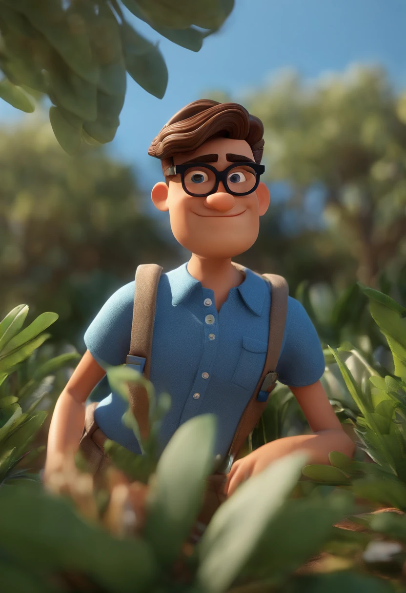 Cartoon character of a man wearing black glasses and a blue shirt, um personagem animado, Caractere estilizado, animation style rendering, 3D estilizado, Arnold Maya render, 3 d render stylized, toon render keyshot, Personagem 3D, Personagem 3D, 3d rendering stylized, 3 d character render, personagem de desenho animado, Personagem de close up, Pose de personagem, (Estilo Pixar) (master part:1.2) (Bokeh) (best quality) (pele detalhada) (textura detalhada) (8k) (argila) (Cinematic lighting) (foco nítido，Senta e vaza a parte superior do corpo
