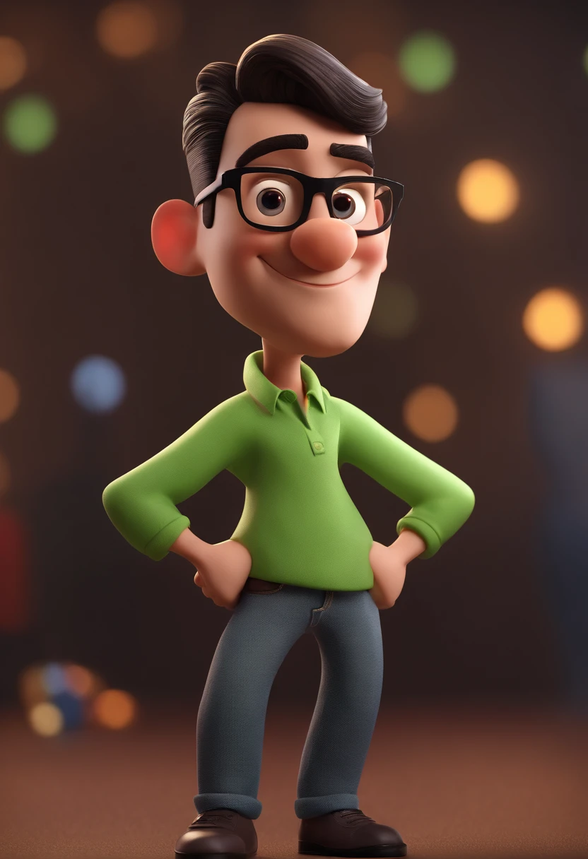 Cartoon character of a man with black glasses and a green shirt, animation character, Caractere estilizado, animation style rendering, 3D estilizado, Arnold Maya render, 3 d render stylized, toon render keyshot, Personagem 3D, Personagem 3D, 3d rendering stylized, 3 d character render, personagem de desenho animado, Personagem de close up, Pose de personagem,  (Estilo Pixar) (master part:1.2) (Bokeh) (best quality) (pele detalhada) (textura detalhada) (8k) (argila) (Cinematic lighting) (foco nítido