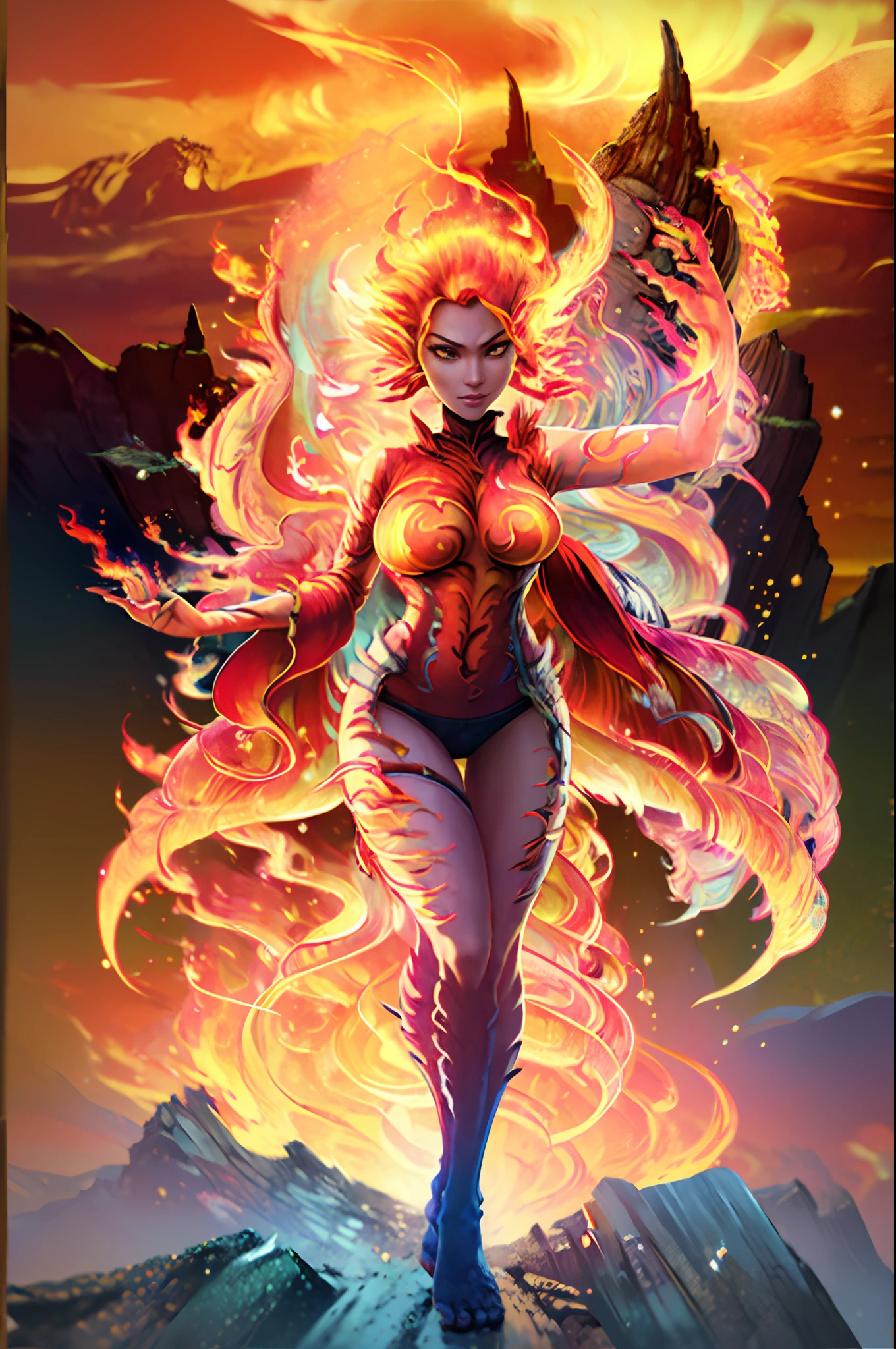 Fantasyart、(top-quality、masterpiece:1.2)、ultra-detailliert、(photoRealstic:1.1)、(foco nítido)、Goddess of Fire、goddess of fire、You can control the fire at will.、(A female spirit of melted flame that burns bright red:1.5)、(full body Esbian:1.4)、Detailed Molten Fire Elemental、(Red and Yellow Blue Flame:1.5)、Being in a fantasy world。Fructal art of flame、Powerful eyes、beautiful countenance、Unbelievably beautiful woman、A detailed face、perfectly proportions、爆乳、big breasts thin waist、nabel、buttock、Crotch gap、thighs thighs thighs thighs、(Dynamic Poses:1.5)、World of cinema、Fantasyart、