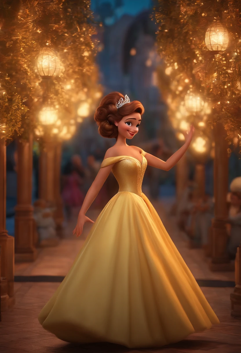 "(best quality,ultra-detalhado,Realistic:1.37),3D rendering,illustration,design de personagens,cabelos longos e cacheados escuros,belos olhos detalhados,Estilo Pixar,morena mulher,Dancing on the Disney stage,atmosfera animada,vivid colors,luzes de palco,expression joyful"