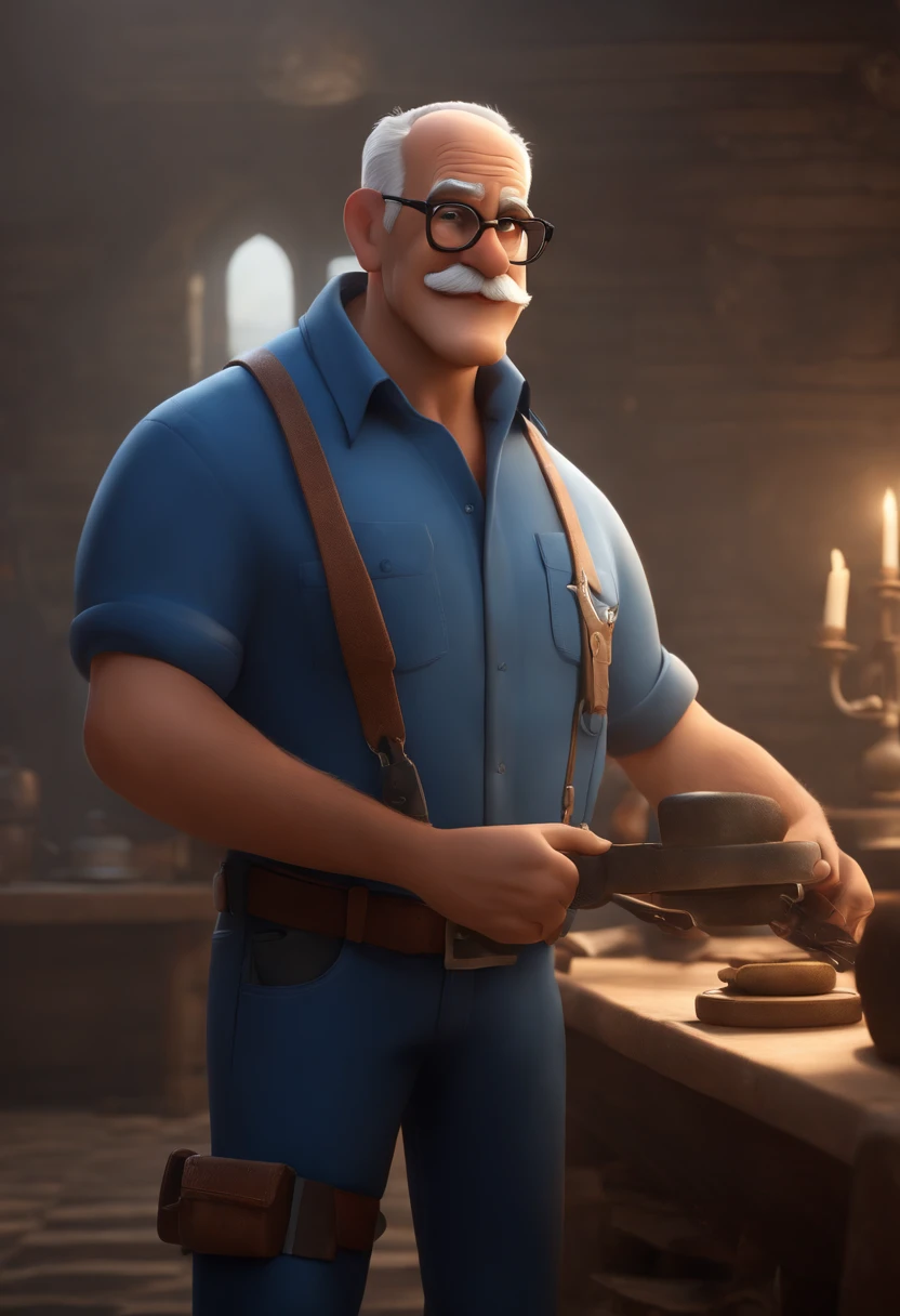 Man already a 60-year-old man, magro e alto, who is a mechanic in black pants and a blue blouse with Tanauza written, com oculos no rosto, e bone preto escrito Tanauza, With tool in hand Disney Pixar style, alta qualidade, melhor qualidade