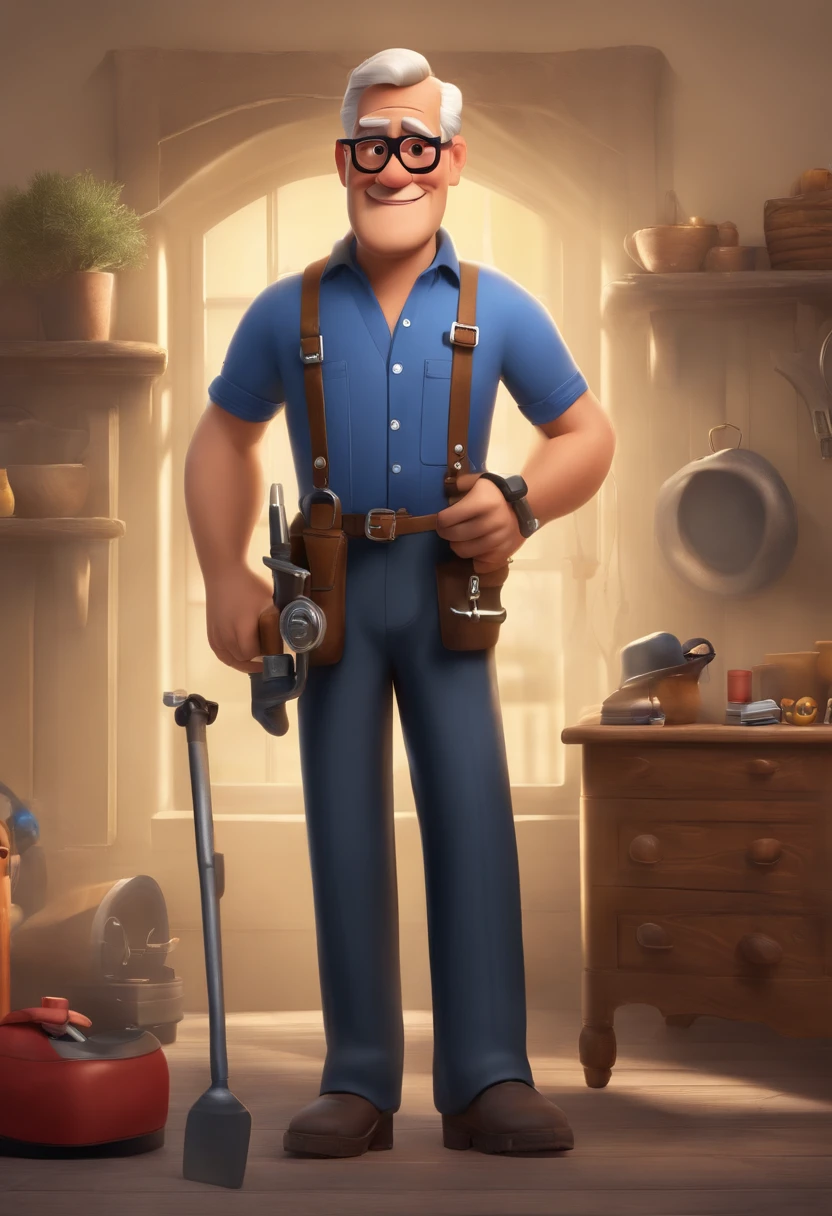 Man already a 60-year-old man, magro e alto, who is a mechanic in black pants and a blue blouse with Tanauza written, com oculos no rosto, e bone preto escrito Tanauza, With tool in hand Disney Pixar style, alta qualidade, melhor qualidade