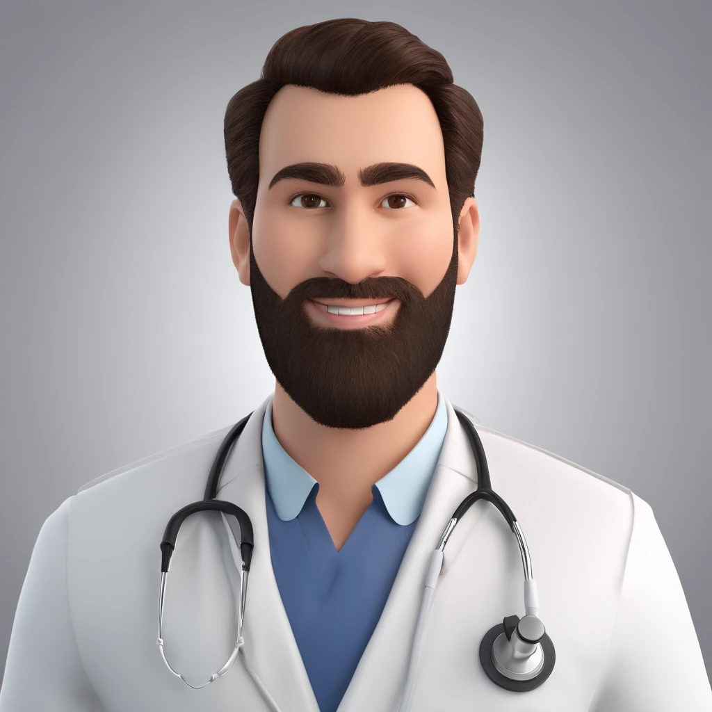 Make a Pixar Style Realistic Poster of 3D Animation. O personagem sem barba, olhos azuis, cabelos loiros penteados para o lado esquerdo, magro, wearing a white doctor's coat, watch on left wrist, Has an Arabian face, 8k, coloque um hospital de fundo, Put on a stethoscope