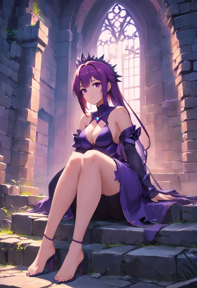 tall woman, with bluish skin, sitting on a stone throne inside a ruined castle, dominated by nature, poor lighting, gloomy place, She has a black iron crown With a purple jewel, His Expression is malicious, his eyes are purple, his lips have black lipstick, She is wearing a special type of clothing, it is purple skin that covers her entire body, this skin that covers her body is dark purple, he She has dark pink hair, her appearance is evil, She is totally seductive, her breasts are big, big breasts, huge breasts, thick thighs, big thighs, thick body Big ass, big glutes, big ass, silicone, She is sitting in a teasing way, the ruined castle has a shadowy sphere, {Best quality} {Masterpiece} {frontal focus} {focus on the woman} {poor lighting} {sexy woman}