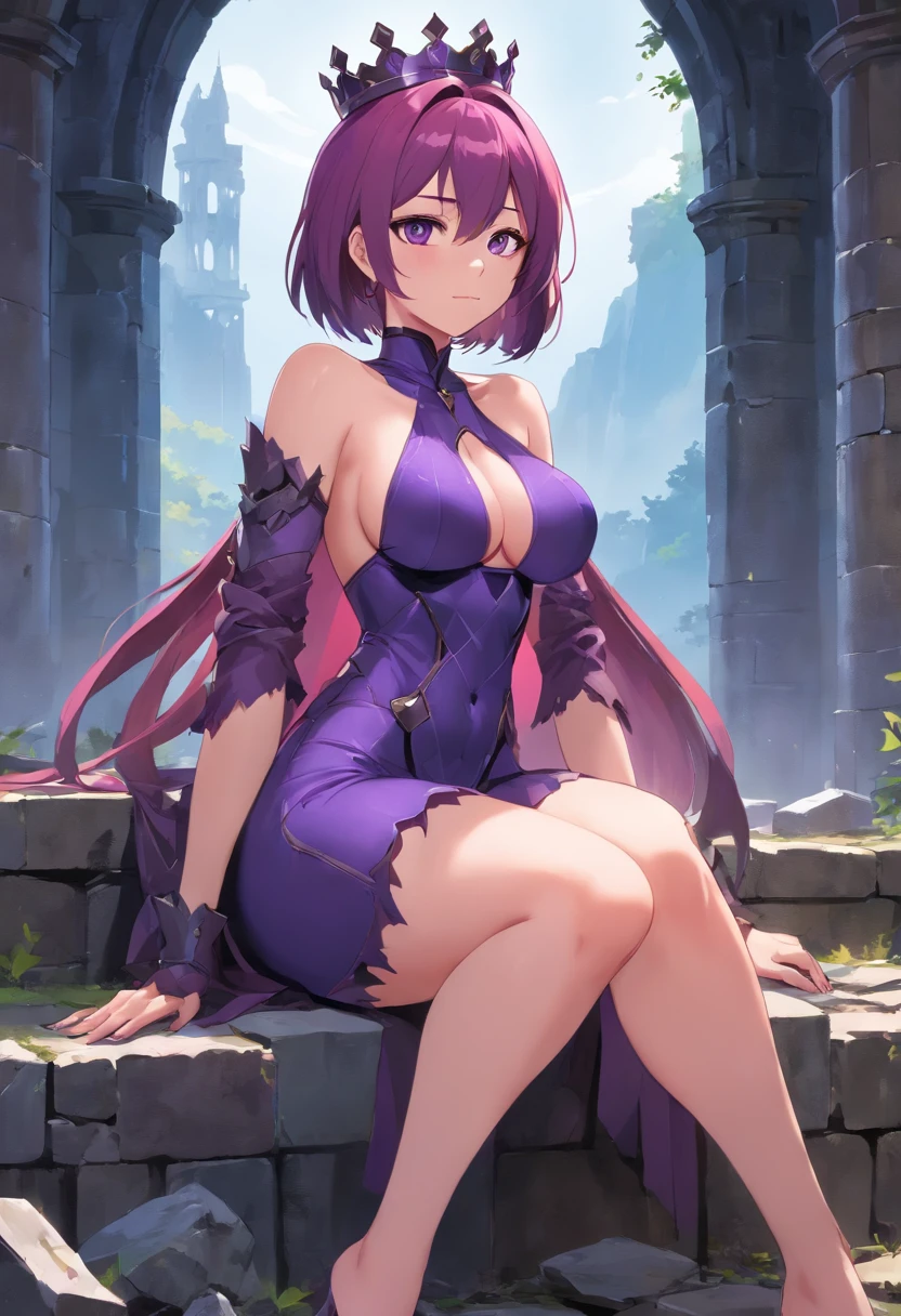 tall woman, with bluish skin, sitting on a stone throne inside a ruined castle, dominated by nature, poor lighting, gloomy place, She has a black iron crown With a purple jewel, His Expression is malicious, his eyes are purple, his lips have black lipstick, She is wearing a special type of clothing, it is purple skin that covers her entire body, this skin that covers her body is dark purple, he She has dark pink hair, her appearance is evil, She is totally seductive, her breasts are big, big breasts, huge breasts, thick thighs, big thighs, thick body Big ass, big glutes, big ass, silicone, She is sitting in a teasing way, the ruined castle has a shadowy sphere, {Best quality} {Masterpiece} {frontal focus} {focus on the woman} {poor lighting} {sexy woman}