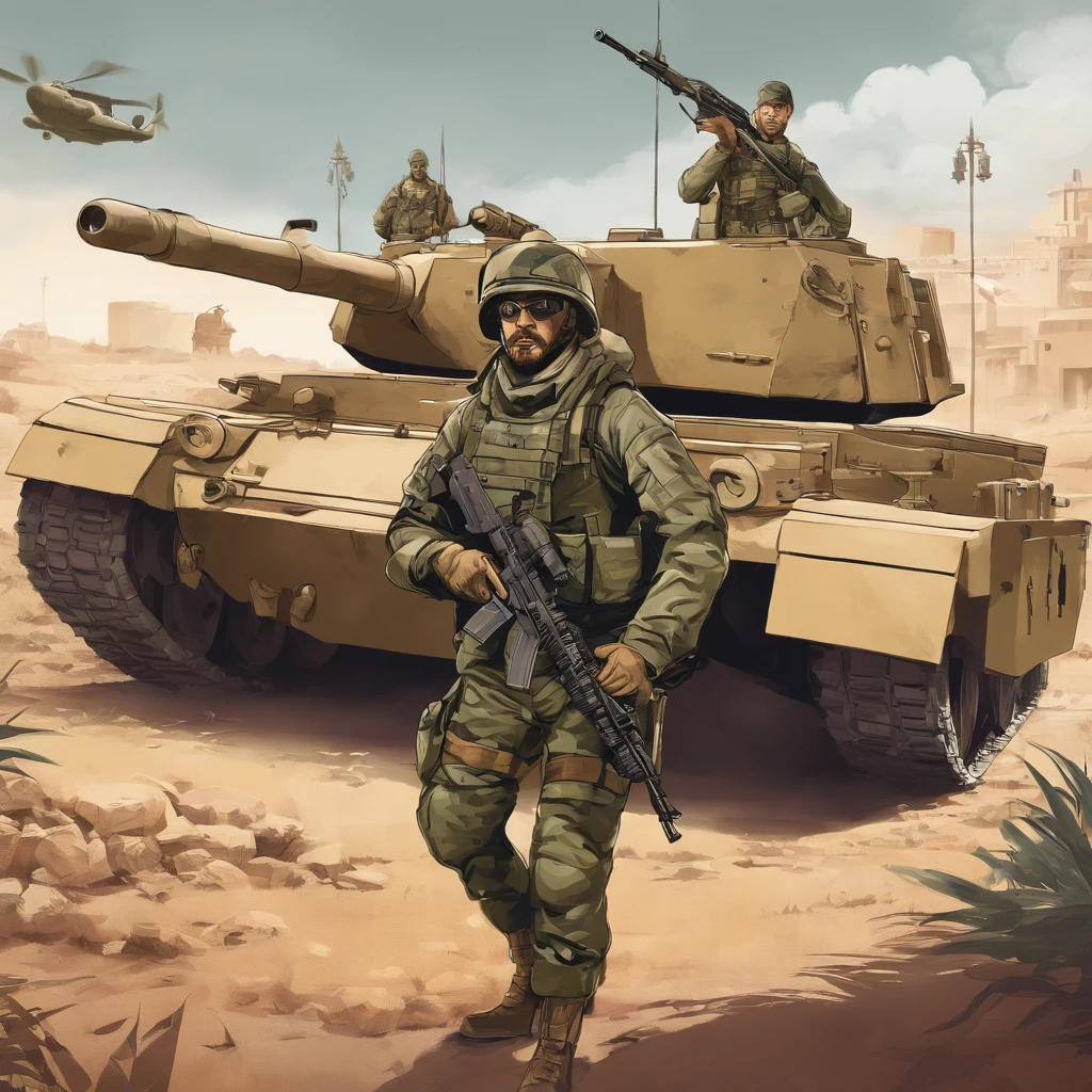 Illustration of a soldier with a gun and a tank, arte militar, Design militar, soldado, papel de parede do telefone, fundo mecanizado da zona de guerra do soldado, HQ 4K papel de parede do telefone, wallpaper mobile, soldado robusto, Roupas de Soldado do Futuro, Very detailed illustration, soldado guerrilheiro, fundo do campo de batalha, wallpaper mobile, vestido com armadura militar, metal gear solid art style