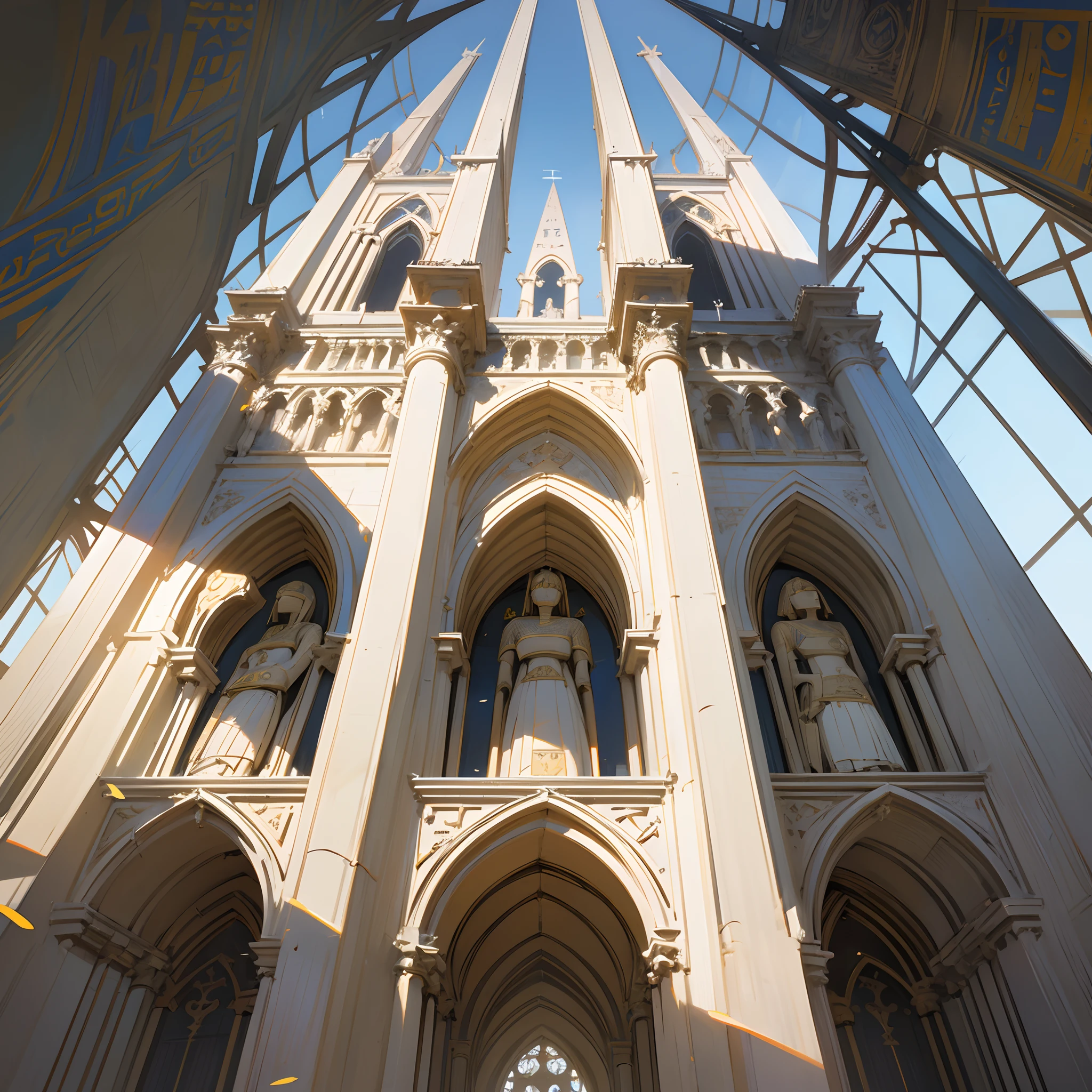 A symmetric and huge Gothic cathedral,architecture,long and arched glass windows,Wide brackets for the building outside,Inscriptions of Egyptian civilisation,Egyptian statues,the morning,the background is egypt pyramids. --auto --s2