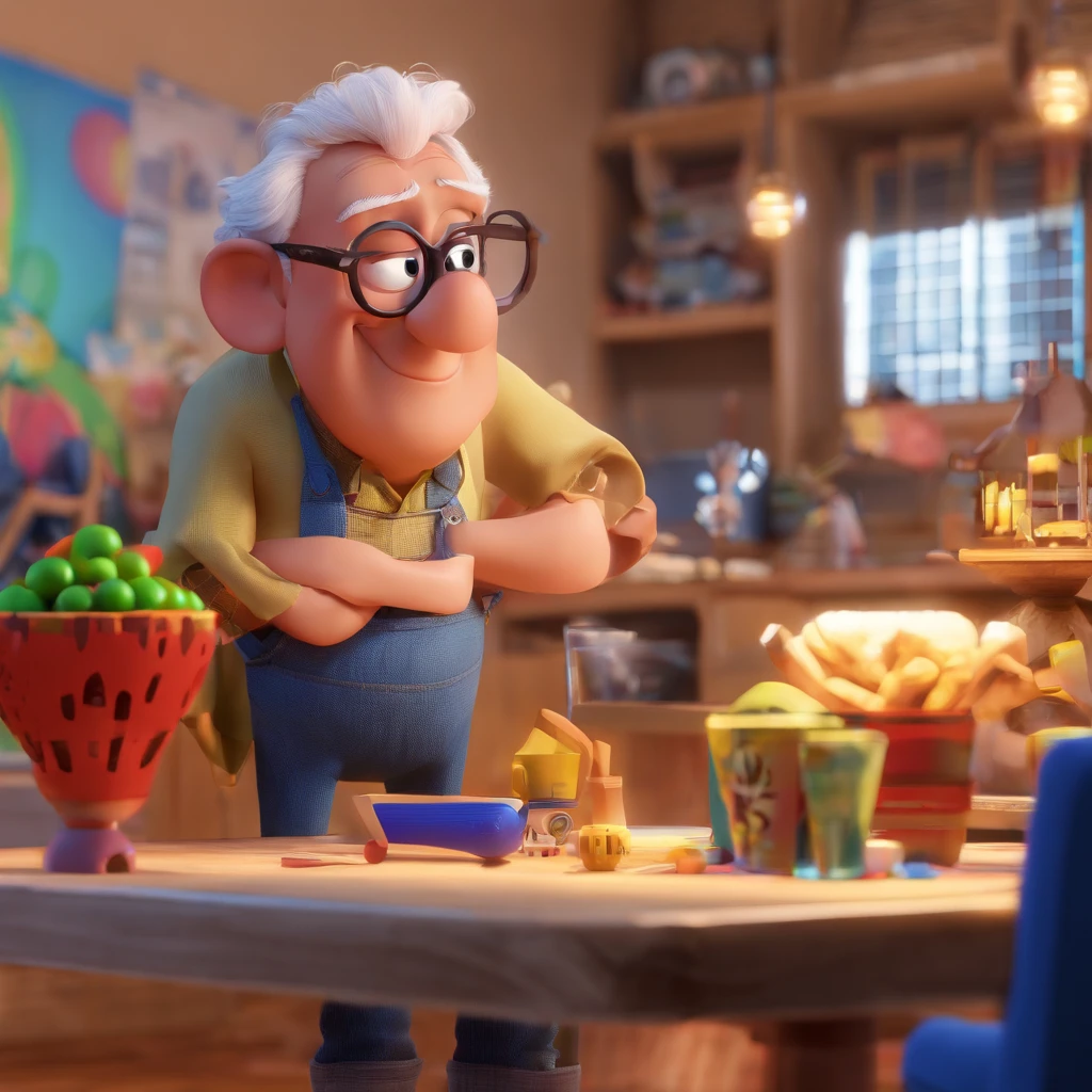 Crie um cartaz inspirado na Disney Pixar com o personagem sendo o deputado Keniston Braga, A white-haired man wearing glasses, the scene will be in Pixar's distinctive digital art style. Focus on character expressions, Vibrant colors and detailed textures present your animations, with the title " Keniston Braga no meio, Quero a cena dos principais filmes do PIXar