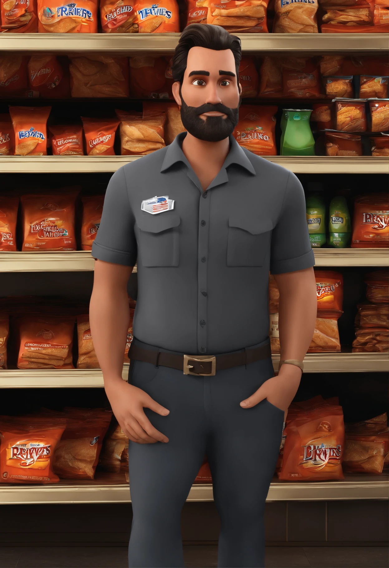 Personagem 3d estilo Pixar , homem branco 37 anos cabelo penteado para o lado ,cabelo baixo ,um pouco gordinho ,com o resto bem redondo ,wearing a dark grey button-down shirt ,wearing a badge around his neck that reads 3 rivers ,Holding a packet of Doritos chips in his hand ,em frente de um supermercado