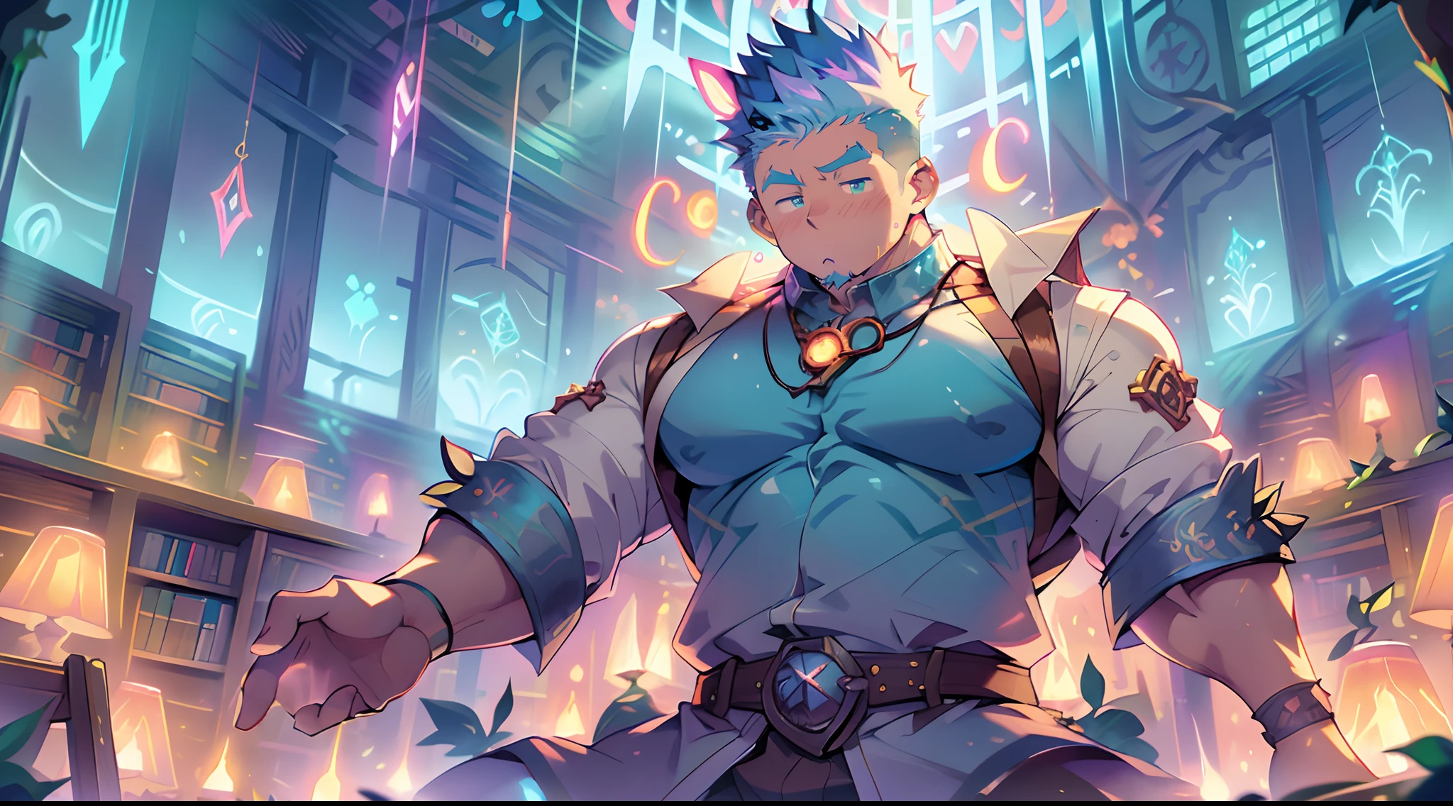 An endless celestial library filled with grimoires and ecosphere vases in the Alchemy Institute, Ultra High Resolution Cute Moe Anime 8K, Undercut, faux hawk, Naked Super Buff Muscle Idol Crooked Knees, Standing on the full mast、Violently straining the crotch、Spread eagle、Straddling a bottle in the ecosphere with manspreading, Shirtless muscular monk jacket, rossdraws global illumination, Bare muscles! ! ! Trending on ArtStation pixiv, Cute Moe Anime