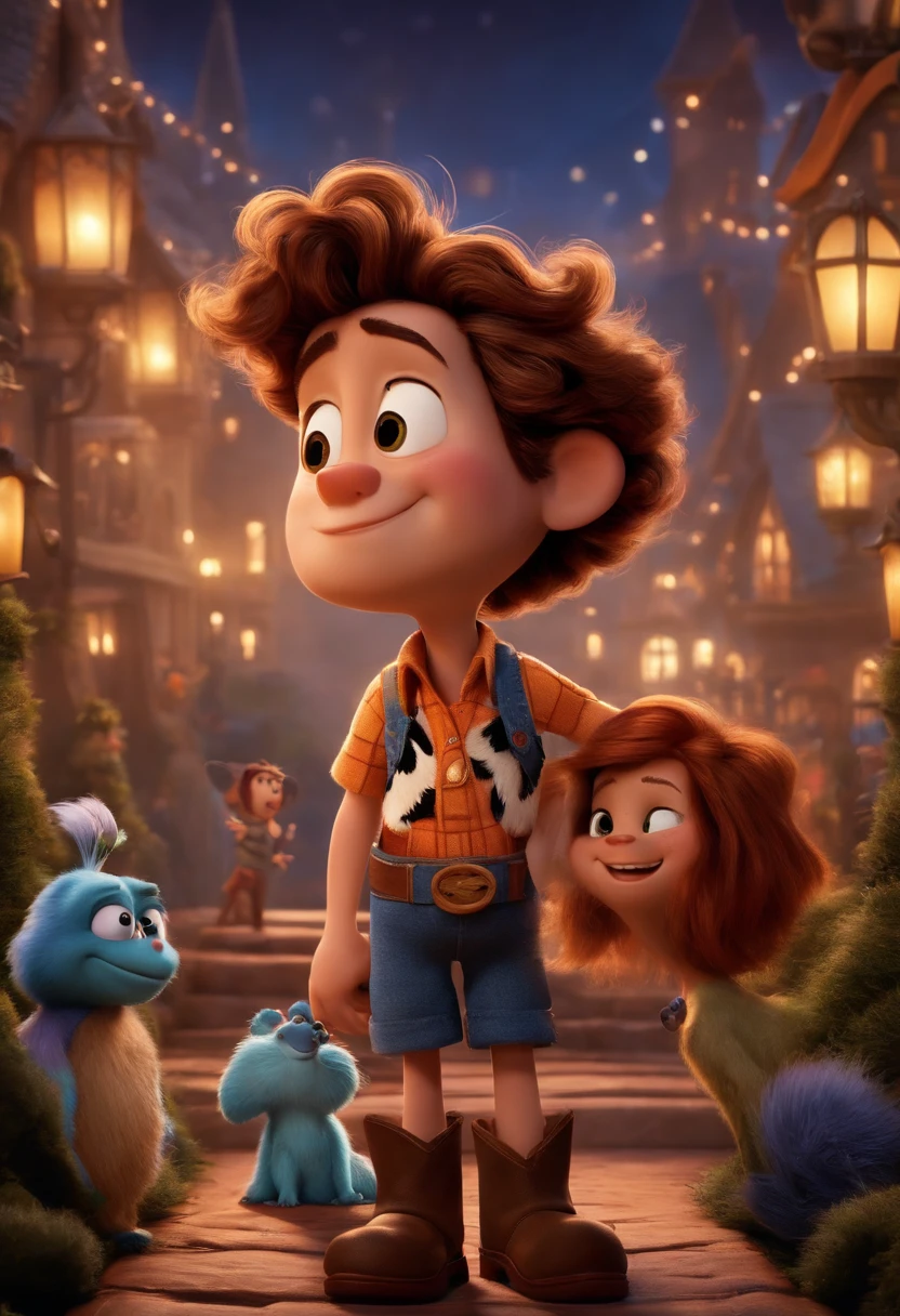 Imagem de um garoto diveryido com o cabelo medio branco olhando para o ceu estrelado em um gramado para um filme da pixar e ser capa