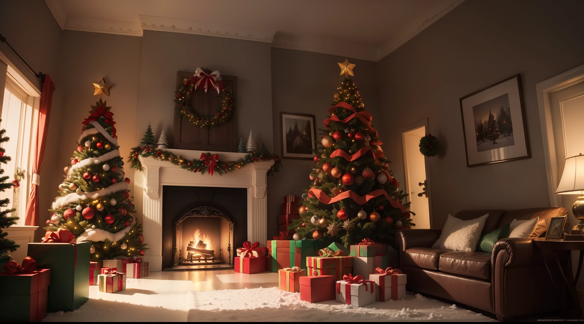 best qualtiy,16k,8K,True exposure,Ray traching,Excellent image quality,Christmas poster,Childlike,Christmas atmosphere,A real Christmas tree,pompon,bell,Luminous colored light bar,inside in room,Chilling,Santa Claus hat,Christmas decorations are hung on the wall,snowflower