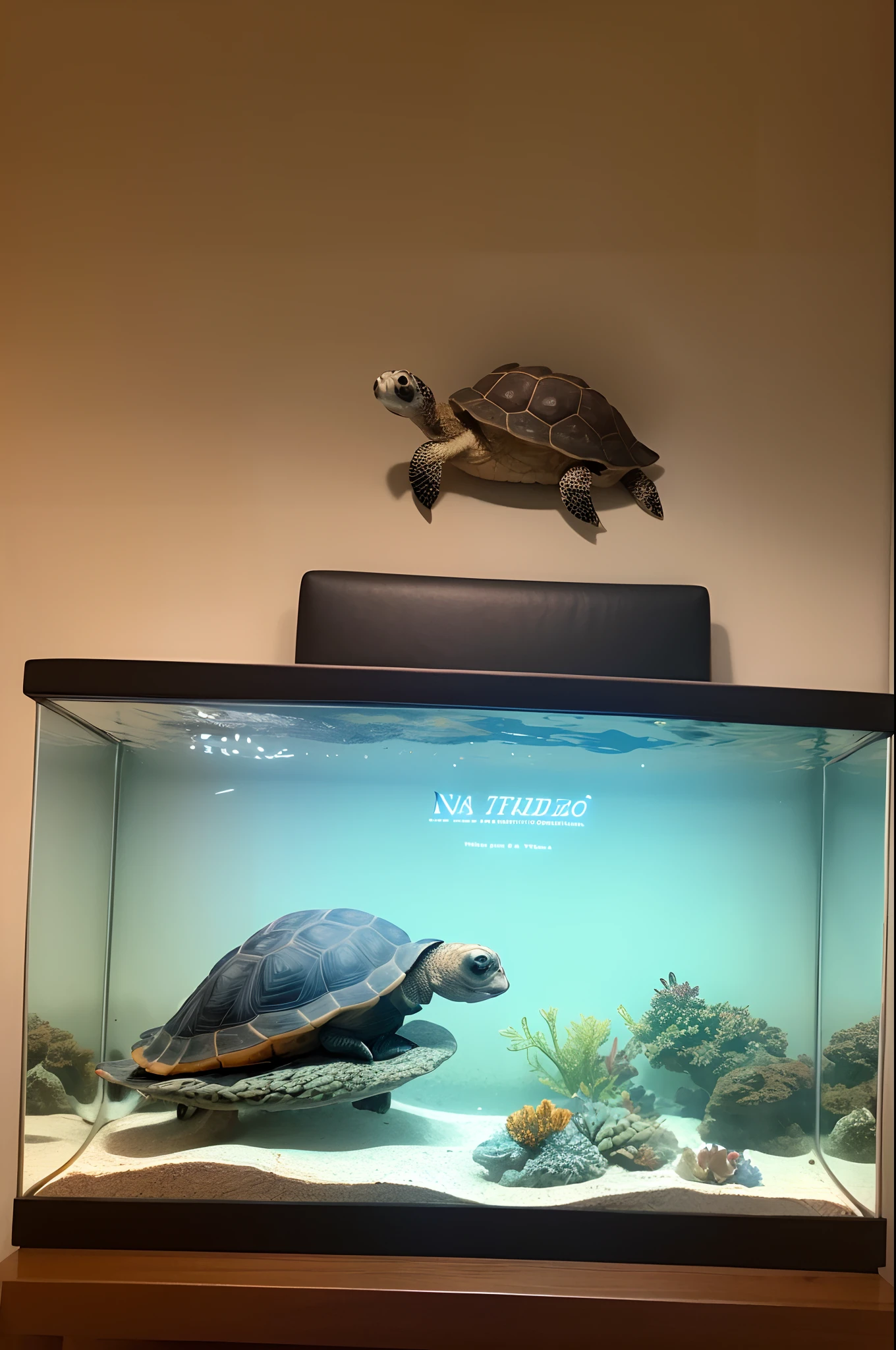 Na sala, There is an aquarium with a small Brazilian tortoise. There's also a white boy with straight, black hair, barba mediana, sitting on the couch together with a Pixar-style Yorkshire bitch.