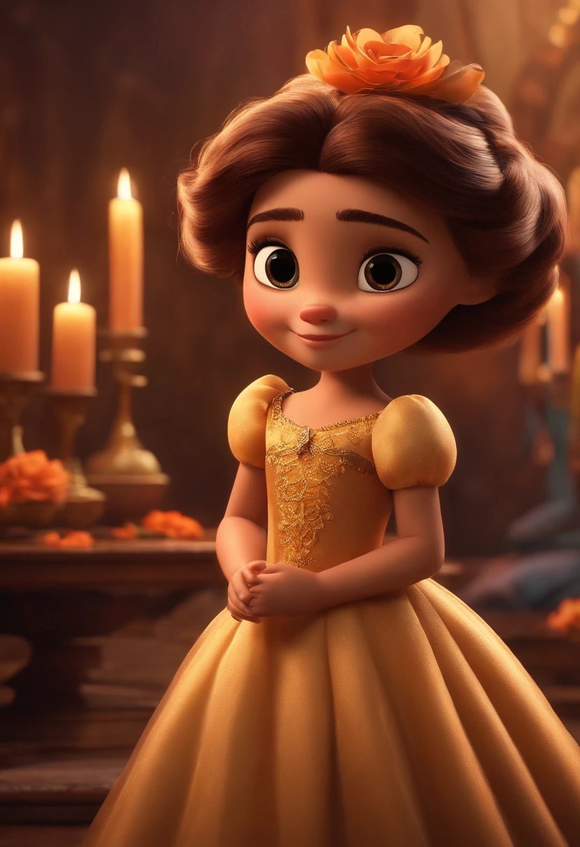 pele clara e cabelo castanho, olhos marrons com vestido de flor Pixar 3D 8K