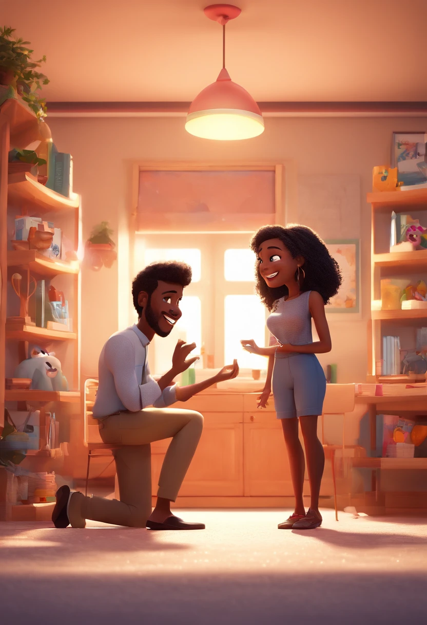 An illustration of an adorable couple, Highlight for a black man with short black hair, smiling, wearing braces on his tooth, a black woman with beautiful expressive eyes - the man's skin is black, and the man's hair is black, shaved, while the woman's skin is black and the curly hair, nervous system allows us to interact with the external environment. They are in a bright room, cada um com um sorriso no rosto, e compartilhar um momento especial caracterizado pelo amor, Insights. Illustrate this scene from a perspective where they are facing each other smiling and in love and showing their connection. Desenvolva esta arte em Full HD, Focus on your cinematic touch, Estilo Disney Pixar Animations