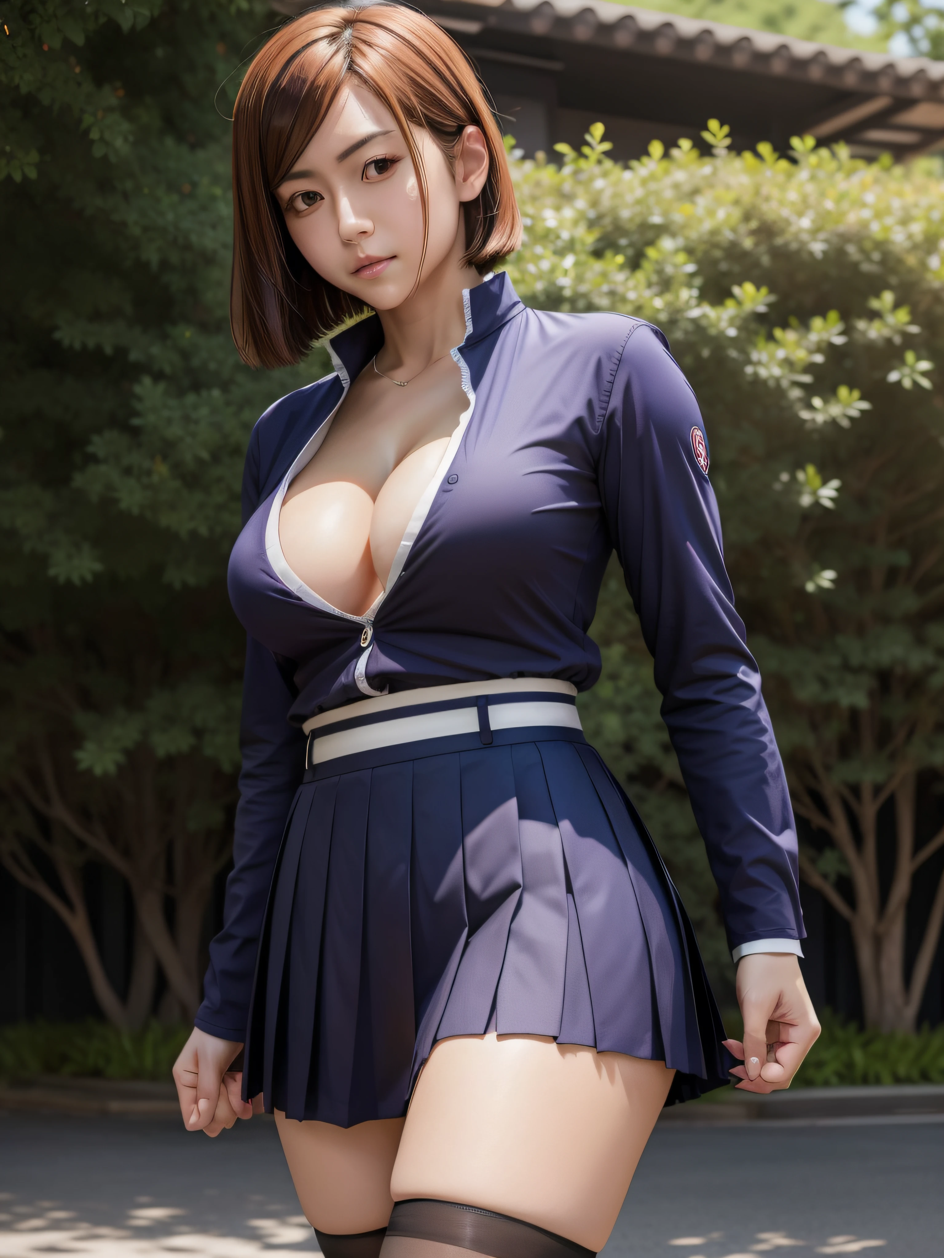 Kugisaki Nobara, uniform,skirt,thigh highs perfect background perfect light, standing, looking at the viewer, breasts, cleavage, 4k, detailed, masterpiece,