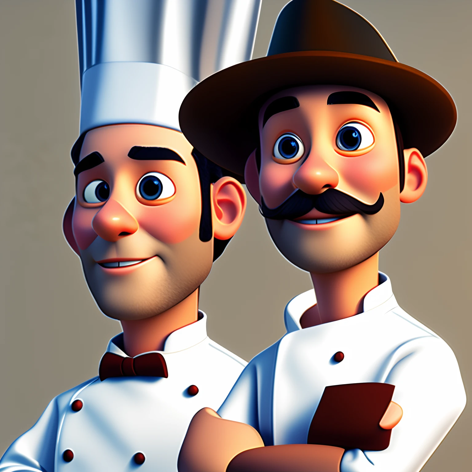 A pixar stile a CHEF male, 40’s, tall, gray/brown hair, little small beard, with the background in another perspective