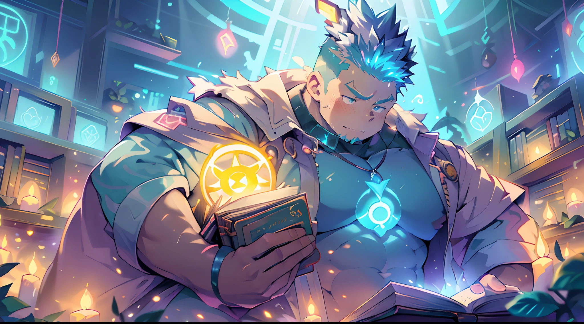 skyscraper colorful neon lights effects, ancient library for botanical magic covered ivy forest, kawaii moe anime 8K, undercut, faux hawk, creamy babyface super buff muscular slayer wear sci-fi jacket on shirtless, ton of books of summoning circle for ritual, glow pectoral energy core some arc reactor, trending on pixiv, kawaii moe anime