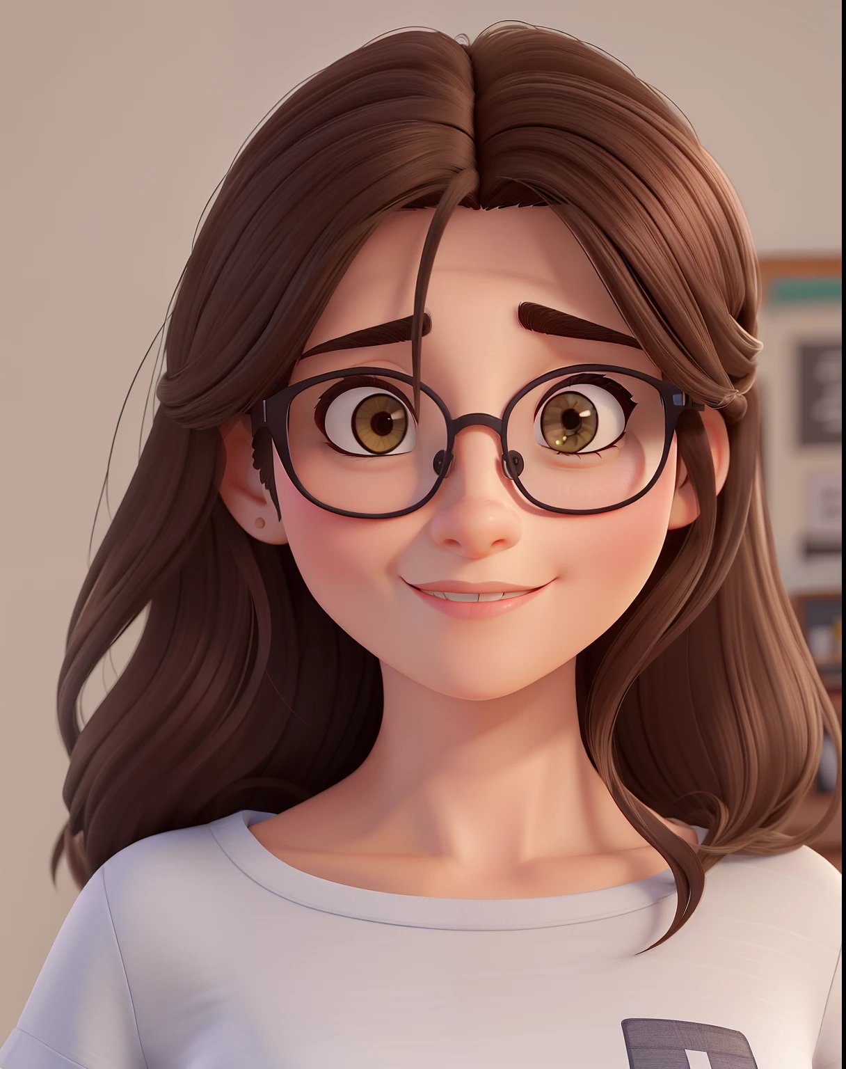 Beautiful woman, 30 anos, cabelo castanho escuro ondulado, olhos castanhos escuros, Prescription glasses with brown frame, vestindo uma camiseta preta segurando dois gatinhos no colo, um preto e um siames desenho no estilo pixar