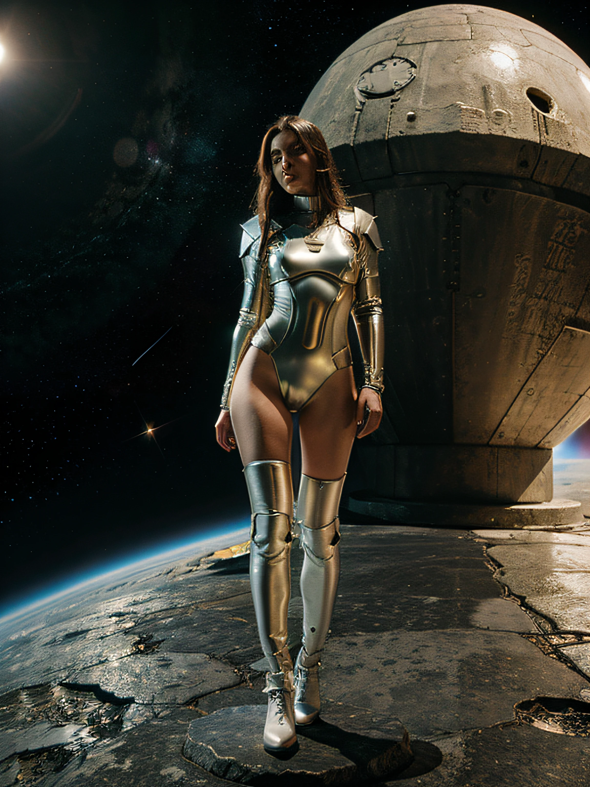 28 years old Italian woman, ((full body)), ((nude)), ((heavily armored space commander)), beautiful chest, standing with her legs spread apart in the space ship in deep space far from the galaxy, no planet and no moon around there, fighting the huge alien space ship, milky way outside of the ship, zoom in from below