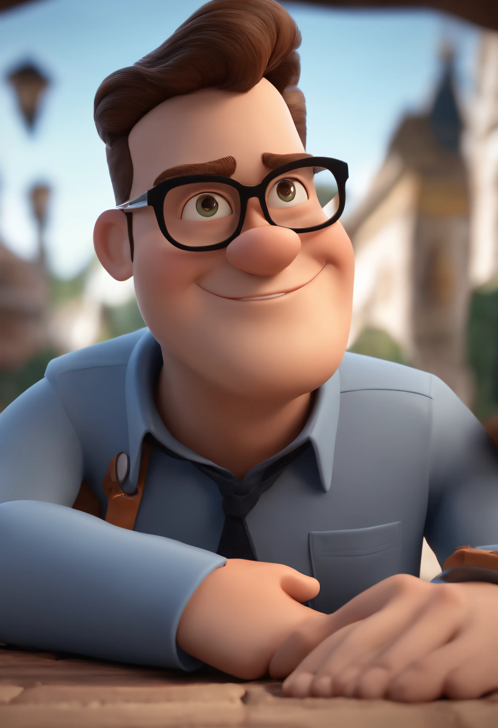 Cartoon character of a man wearing black glasses and a blue shirt, an animated character, stylized character, animation style render, Stylized 3 D, arnold maya render, 3 d render stylized, toon render keyshot, 3d character, 3 d character, stylized 3d render, 3 d character render, cartoon character, close up character, character posing, (Pixar style) (Masterpiece:1.2) (Bokeh) (Best quality) (Detailed skin) (Detailed texture) (8K) (Clay) (Cinematic lighting) (Sharp focus，Sits and leaks the upper body